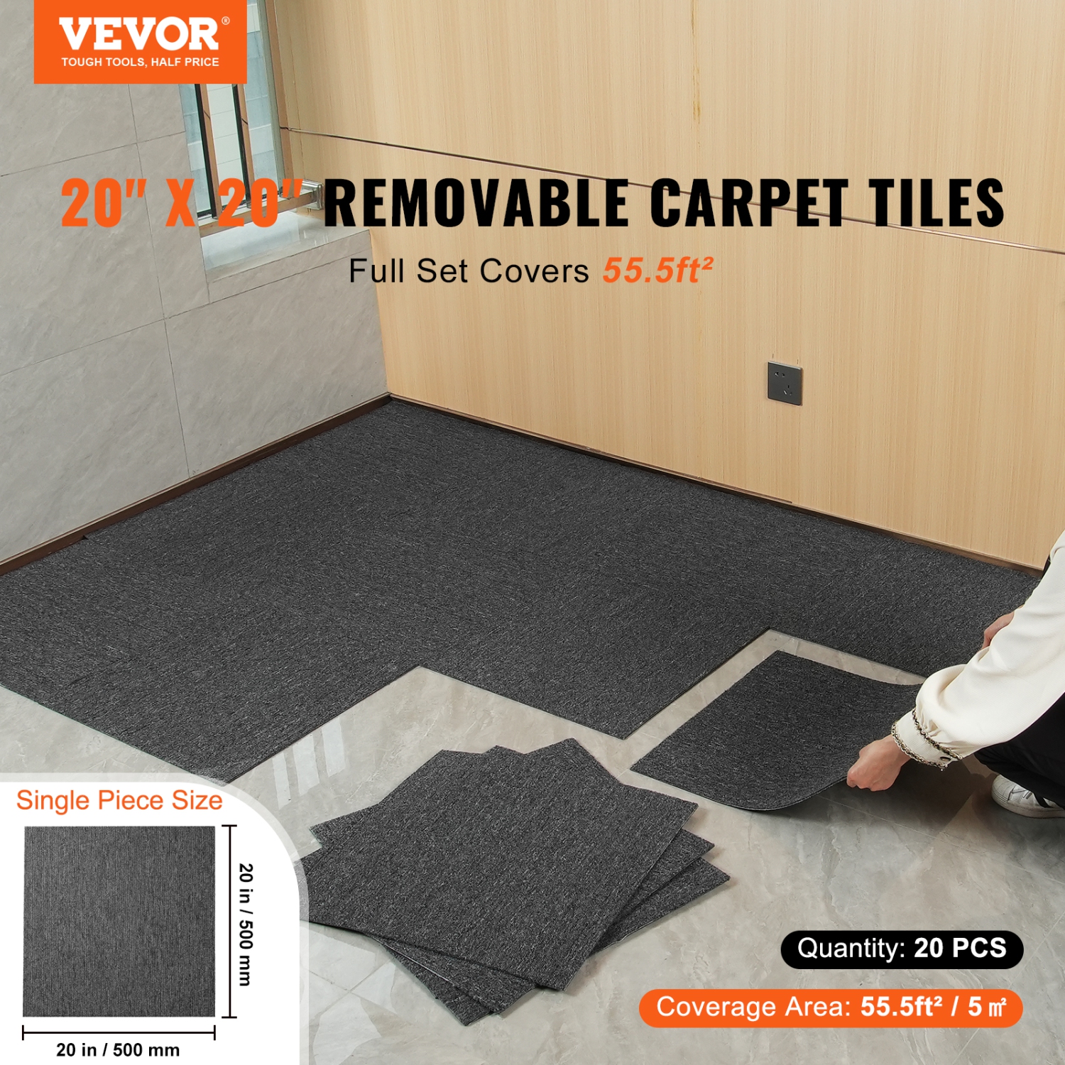 VEVOR 20"x 20" Carpet Tiles Reusable, Carpet Squares With Padding Attached, Soft Padded Carpet Tiles, Easy Install DIY for Bedroom Living Room Indoor