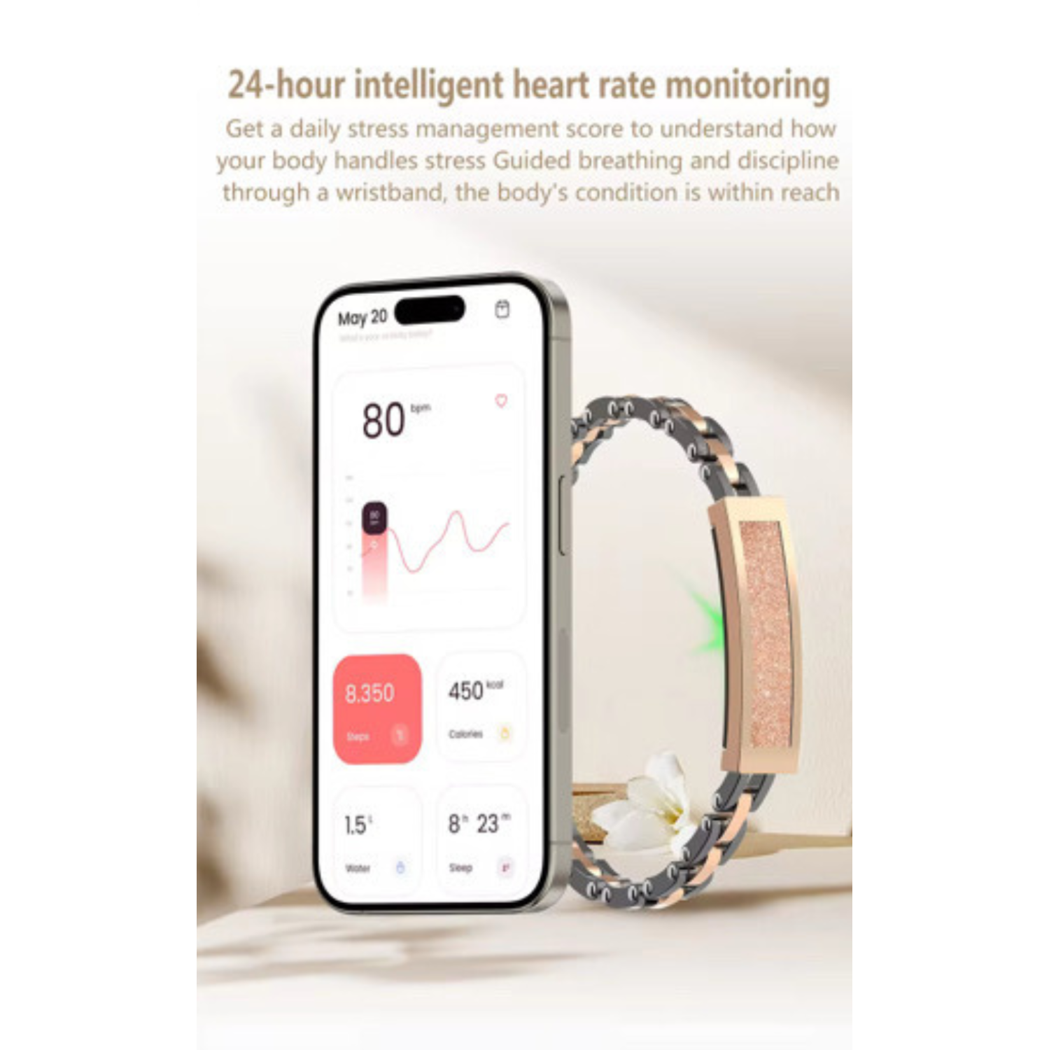 Bracelet intelligent TUTT Moniteur d'activité et de sommeil étanche IP68 Li8 | Contrôle d'application pour femmes