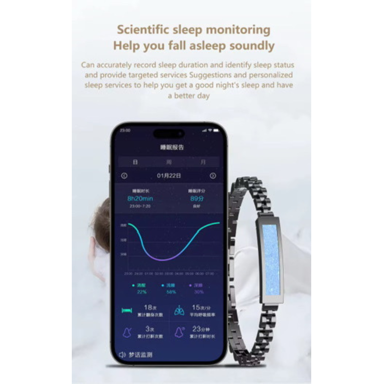 Bracelet intelligent TUTT Moniteur d'activité et de sommeil étanche IP68 Li8 | Contrôle d'application pour femmes