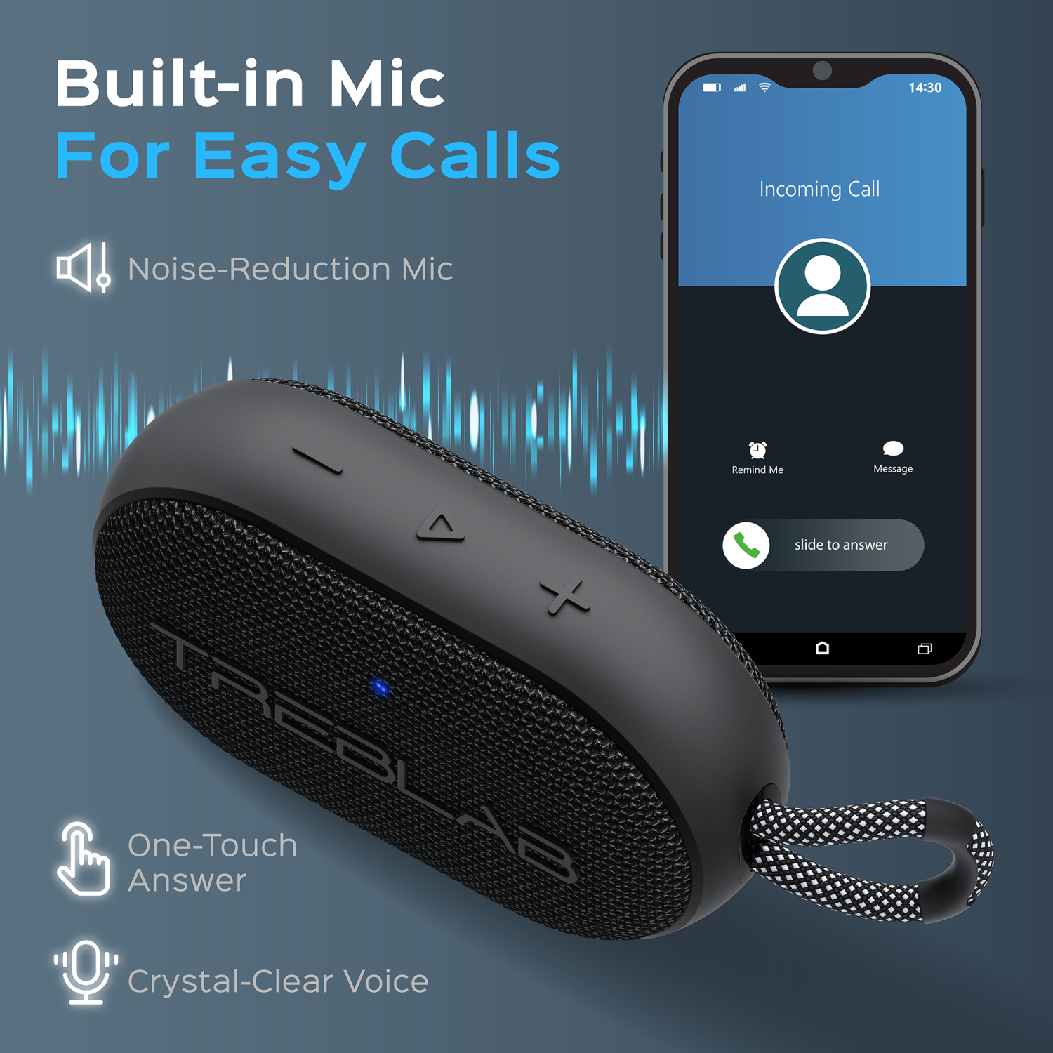 TREBLAB HD-Go - Ultra Portable Hand Held Speaker with Clip, 7W Power with Bass, 16H Playtime, IPX7 Waterproof