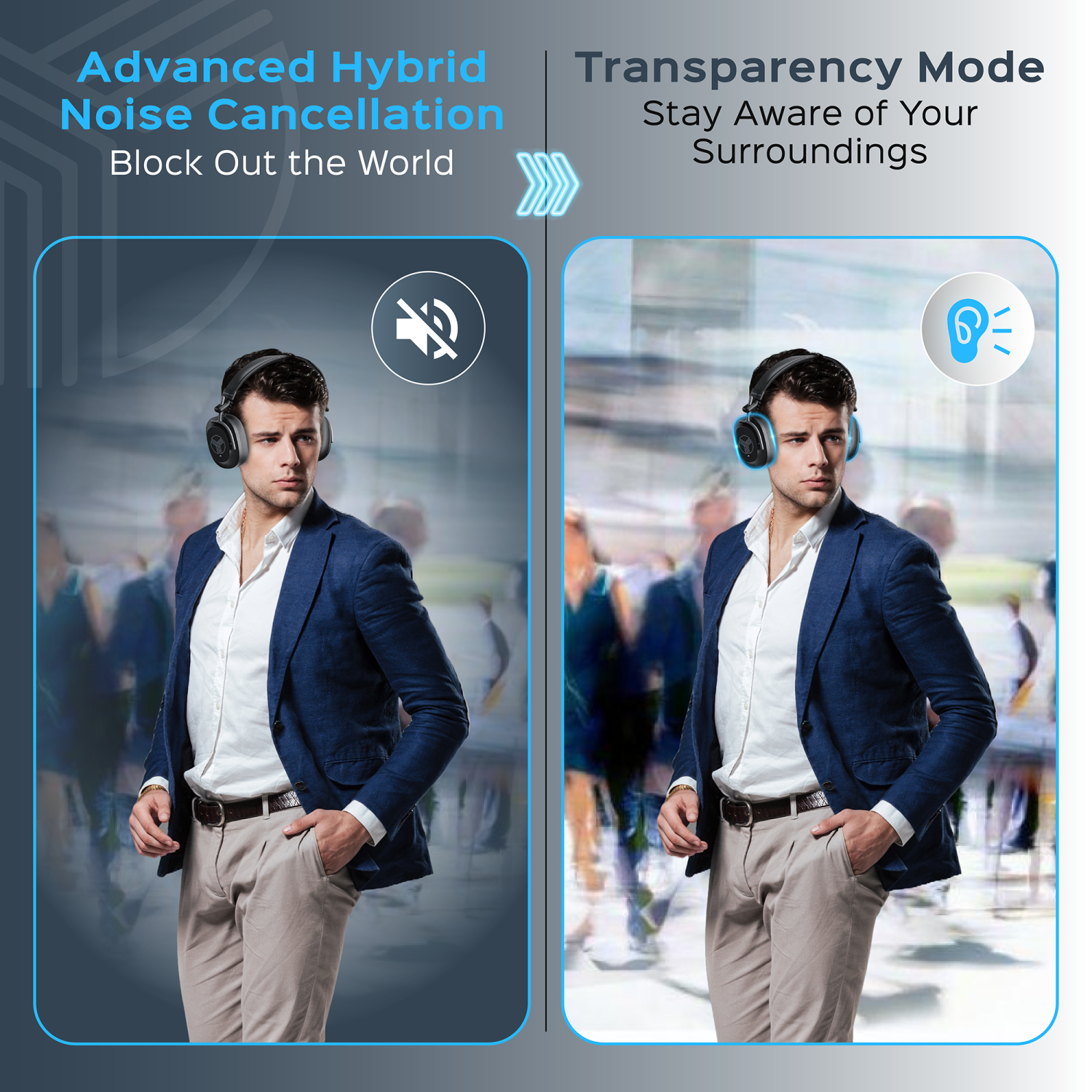 TREBLAB U5 - Hybrid Active Noise Cancelling Headphones Over-Ear Bluetooth 5.3, 55H Battery