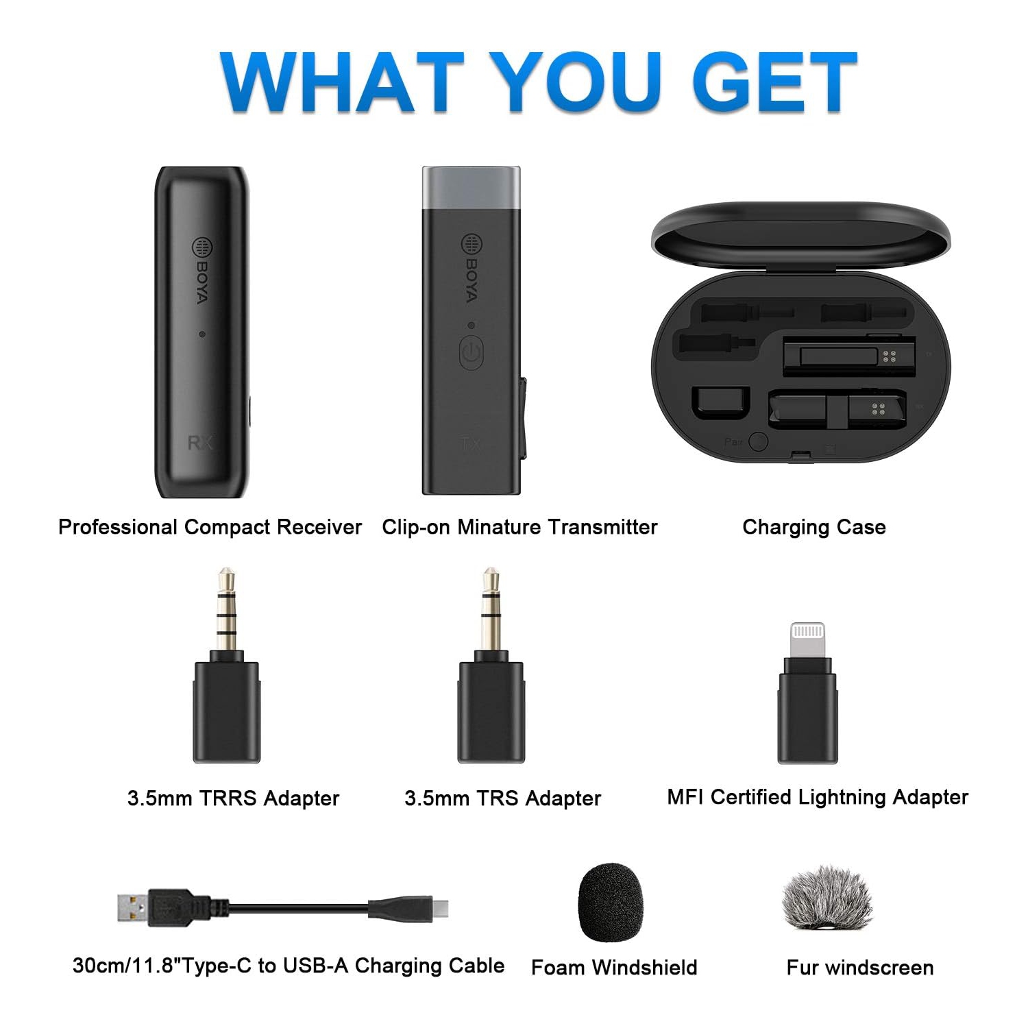BY-WM3D de microphone BOYA, microphone sans fil 2,4&nbsp;GHz inclus avec adaptateurs Lightning, TRS et TRRS de 3,5&nbsp;mm