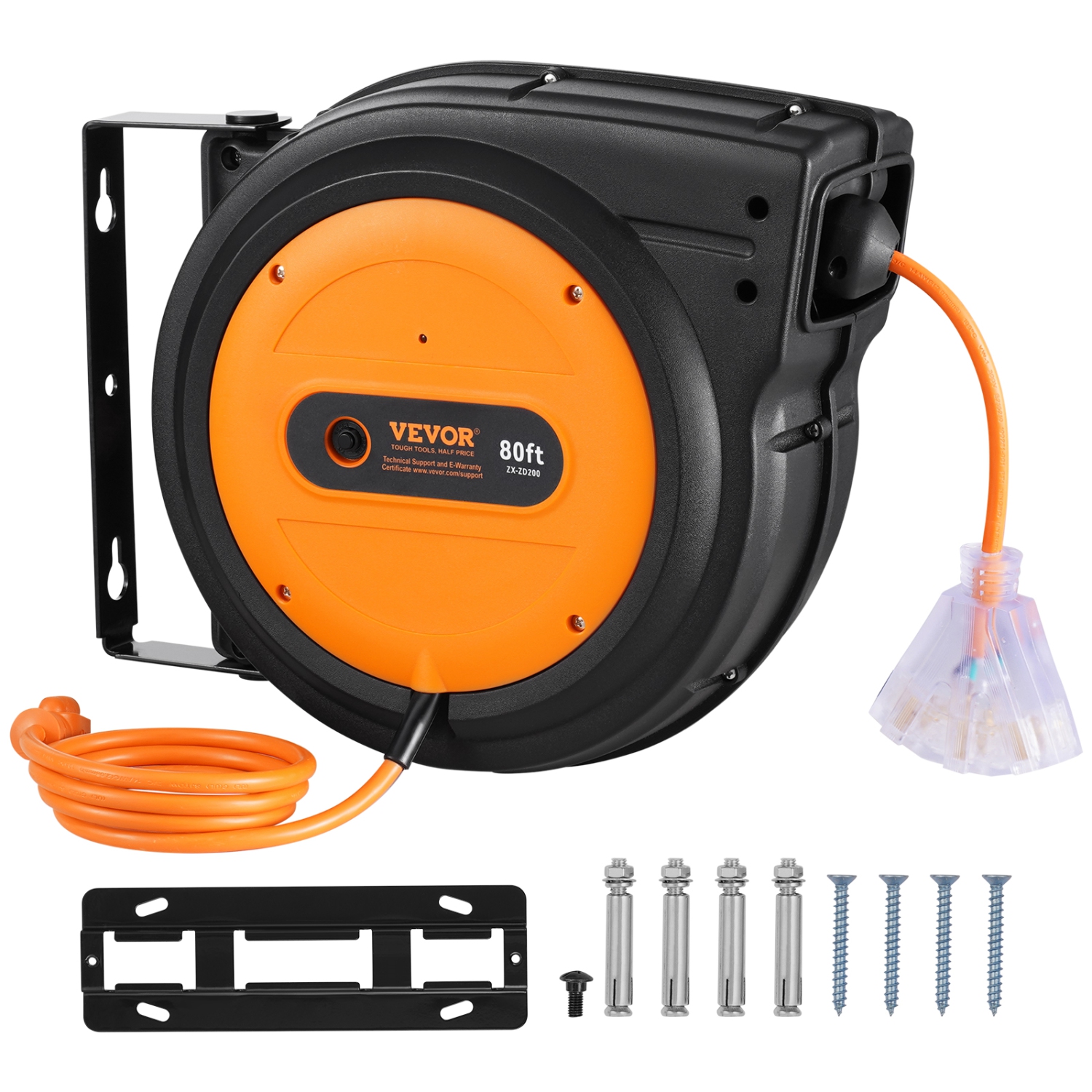 Enrouleur de rallonge rétractable de 80 pi VEVOR, cordon d'alimentation robuste 12AWG/3 SJTOW avec prise triple éclairée, disjoncteur 15&nbsp;A,