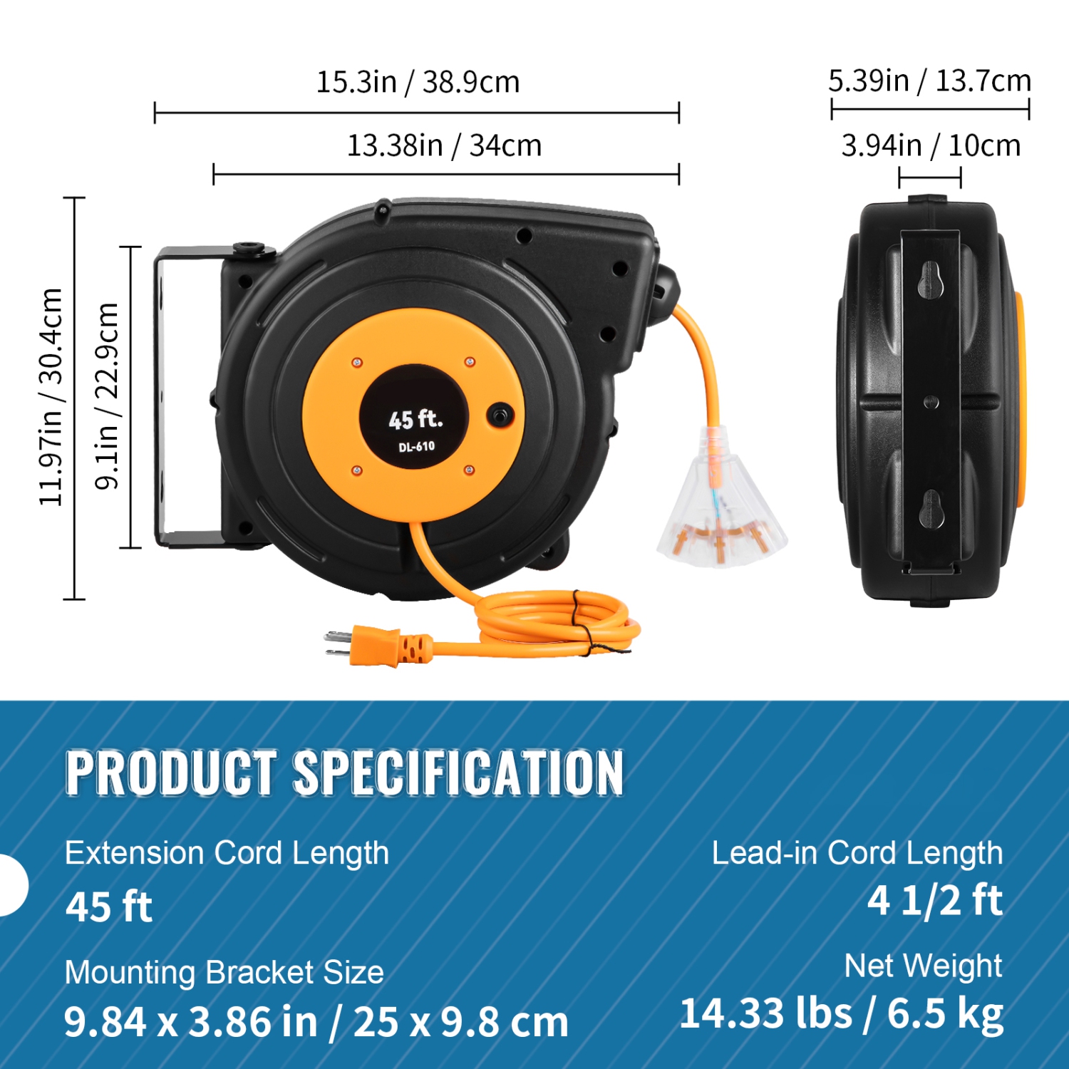 VEVOR 45FT Retractable Extension Cord Reel, Heavy Duty 12AWG/3C SJTOW Retractable Power Cord, Black Tested to Standards