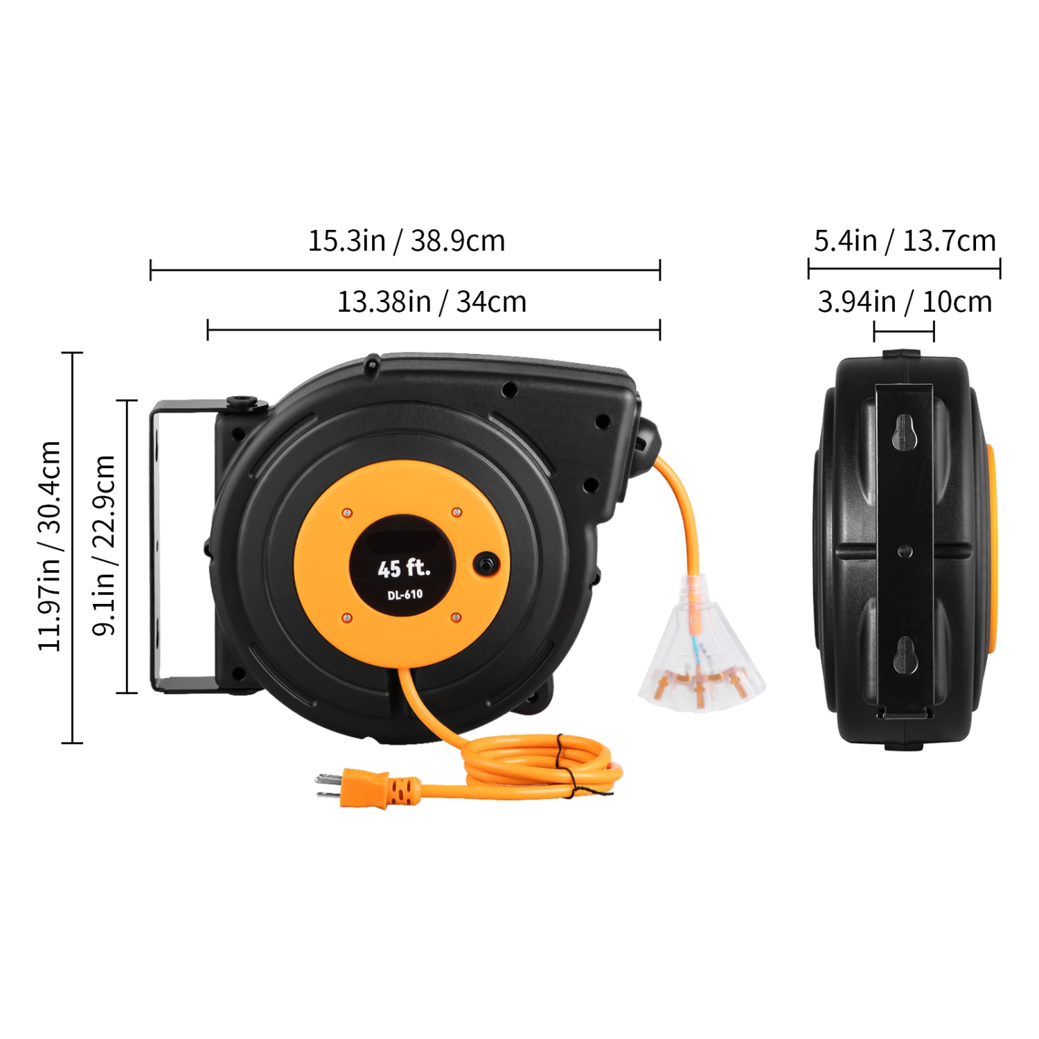 VEVOR 45FT Retractable Extension Cord Reel, Heavy Duty 12AWG/3C SJTOW Retractable Power Cord, Black Tested to Standards