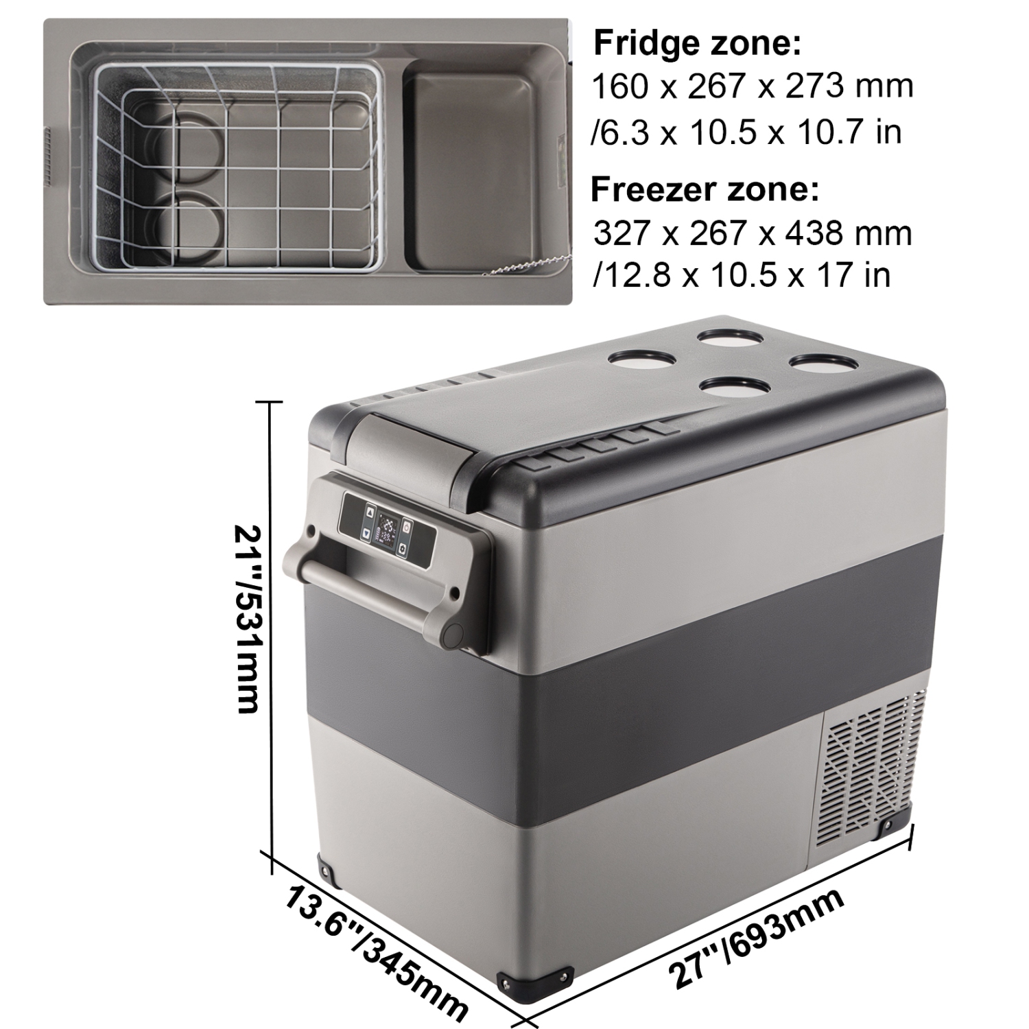 VEVOR 12 Volt Refrigerator, 58 Qt Car Refrigerator, Dual Zone Portable Freezer, Cooler Compressor Freezer with 12/24V DC and 110-240V AC, Freezer