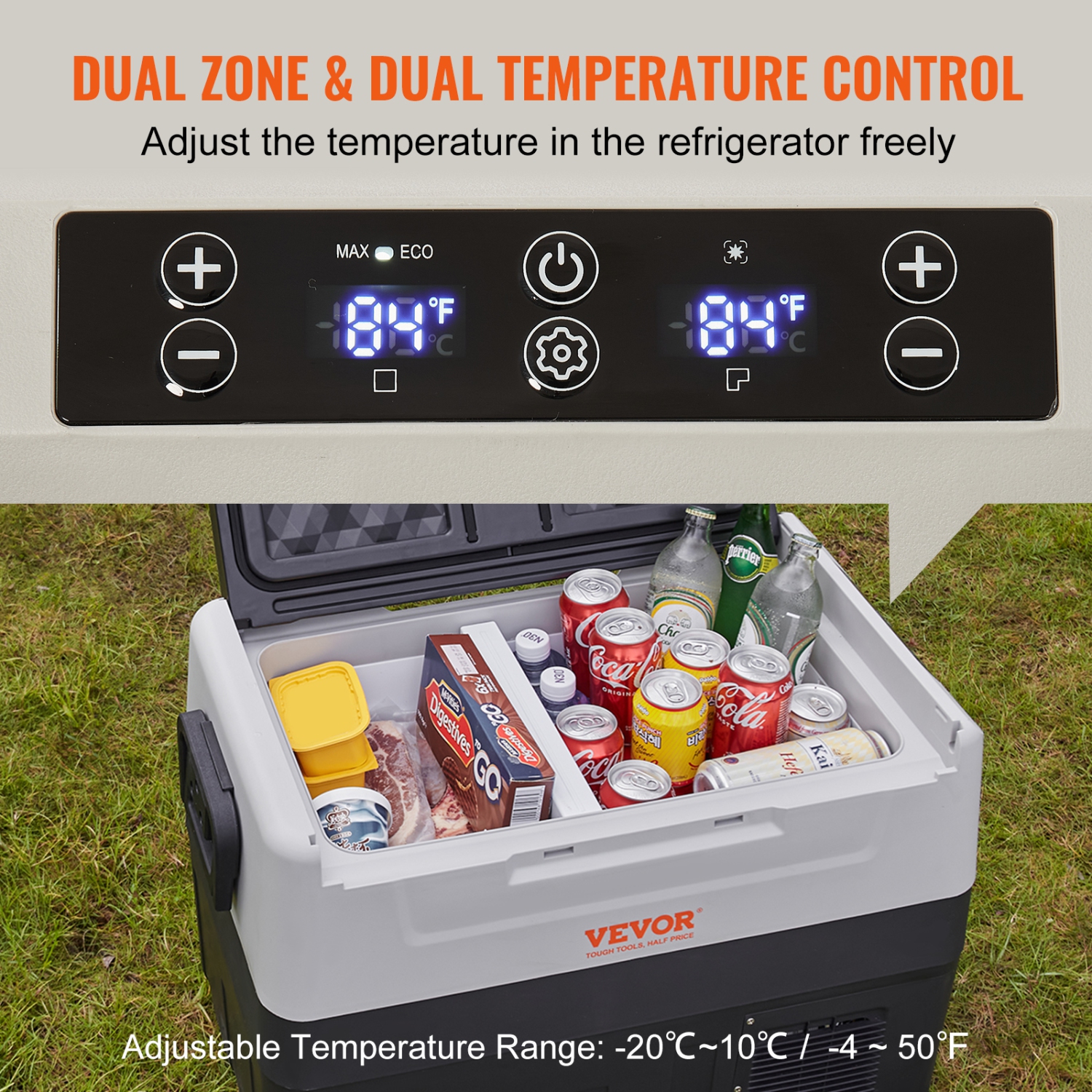 VEVOR Car Refrigerator, 12 Volt Car Refrigerator Fridge, 58 QT/55 L Dual Zone Portable Freezer, -4℉-50℉ Adjustable Range, 12/24V DC and 100-240V AC