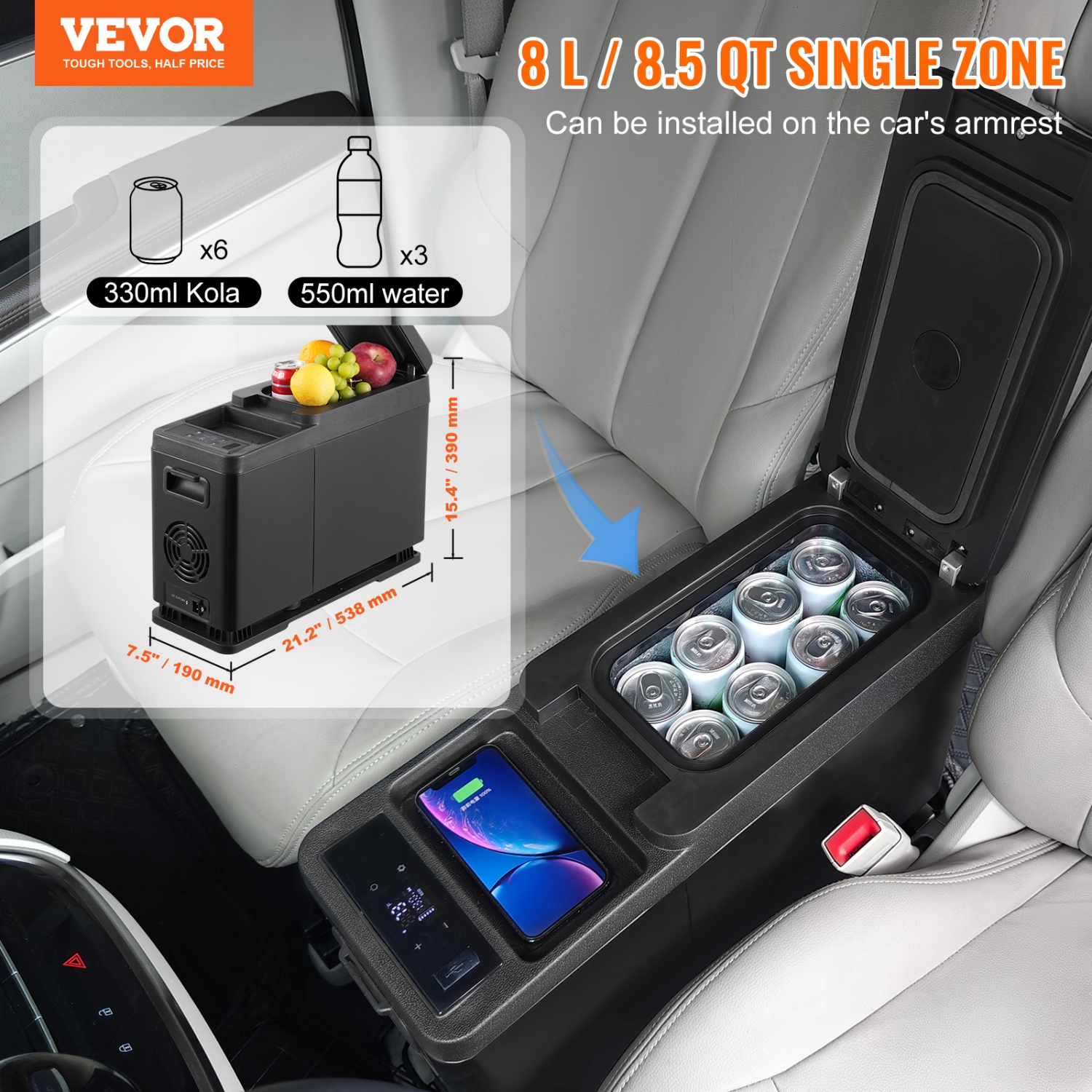 VEVOR Car Refrigerator, 12 Volt Car Armrest Refrigerator Fridge, 8 L Single Zone Portable Freezer, -4℉-68℉ Adjustable Range, 12/24V DC and 100-240V
