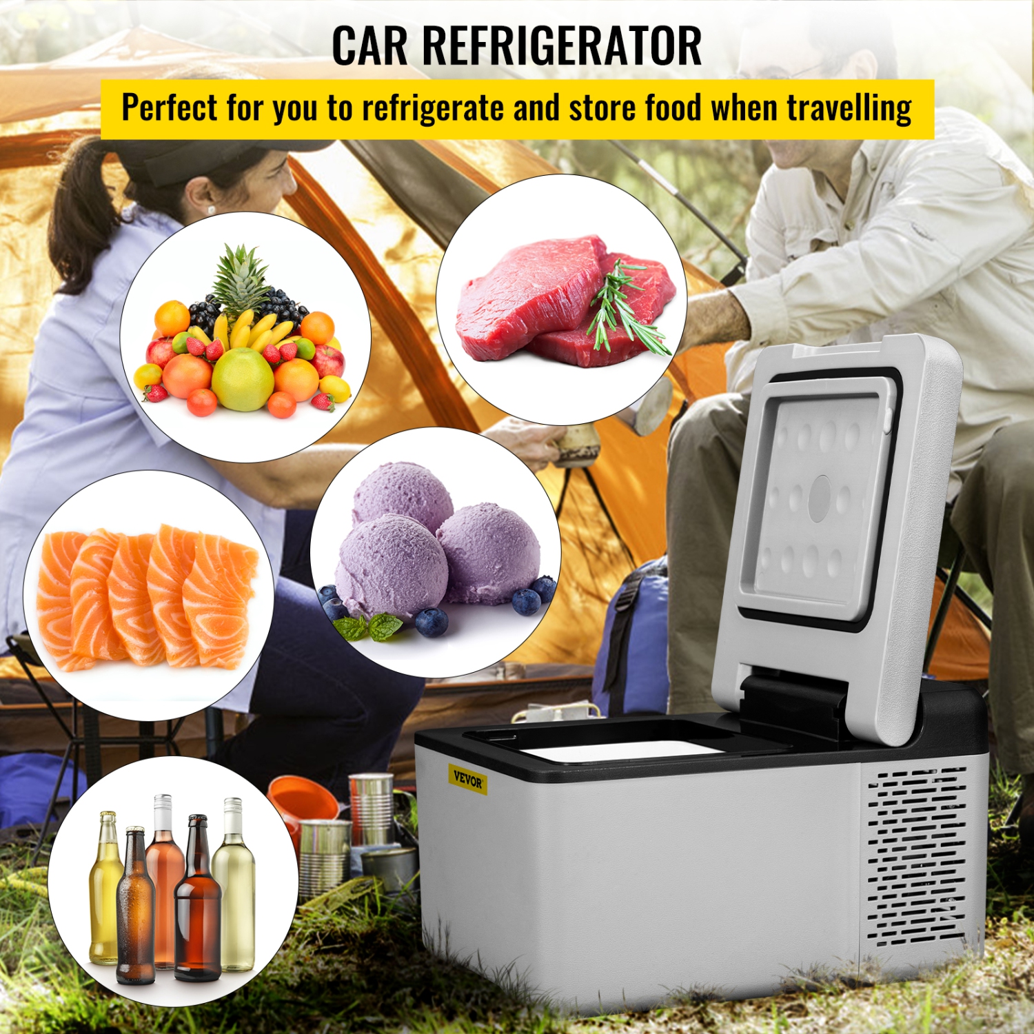 VEVOR 12 Volt Refrigerator 10 Qt, Portable Mini Freezer with APP Control Car Compressor Fridge Cooler 12V/24V DC and 110-220V AC For Camping