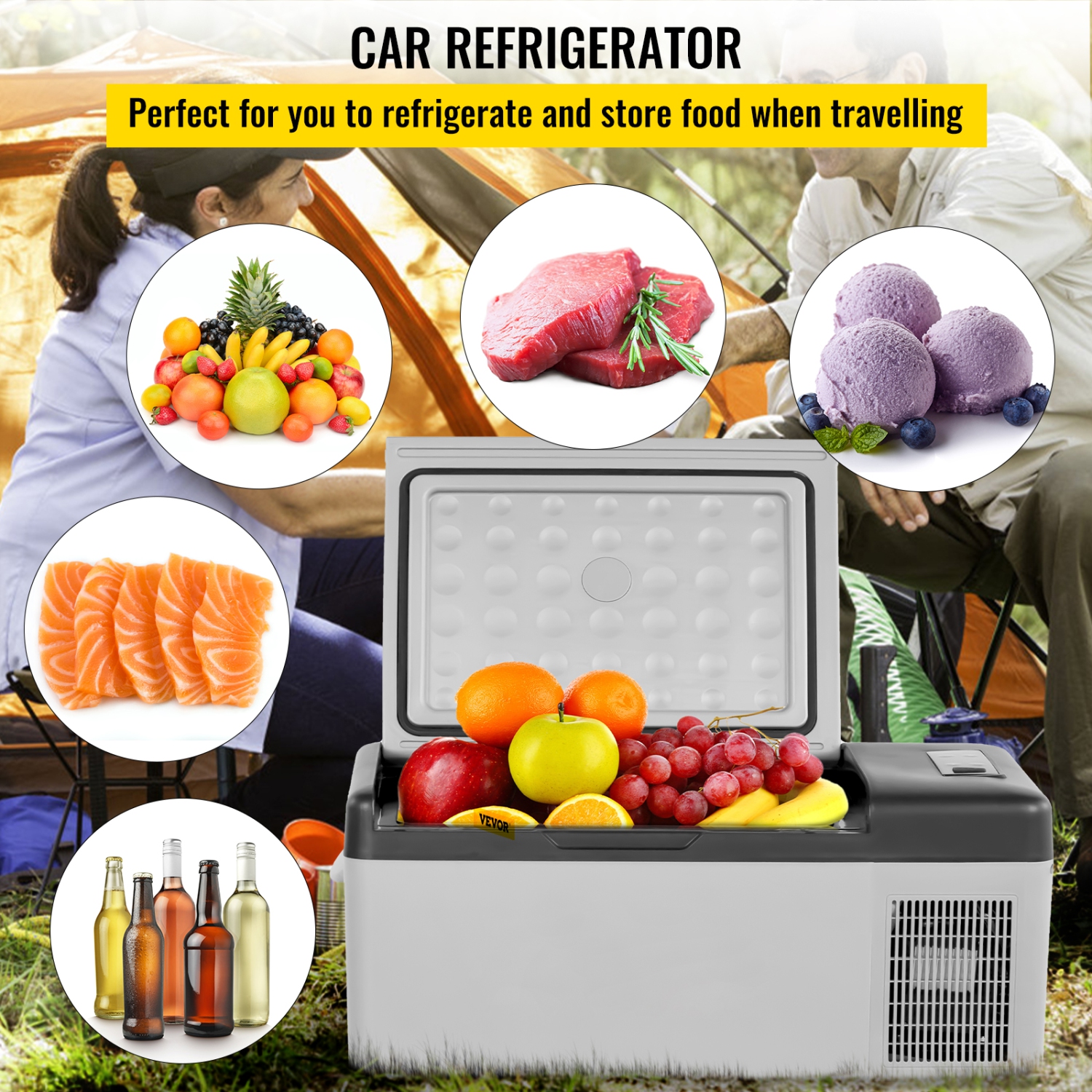 VEVOR 12 Volt Refrigerator 16 Qt, Portable Mini Car Fridge with -4℉-68℉ Cooling Range & App Control 12/24V DC & 110-240V AC Electric Compressor