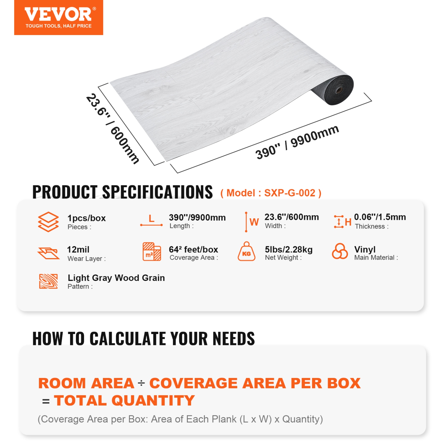 VEVOR 1.5mm Thick Self Adhesive Vinyl Floor Tiles, 390 x 23.6 inch Peel & Stick, Light Gray Wood Grain DIY Flooring