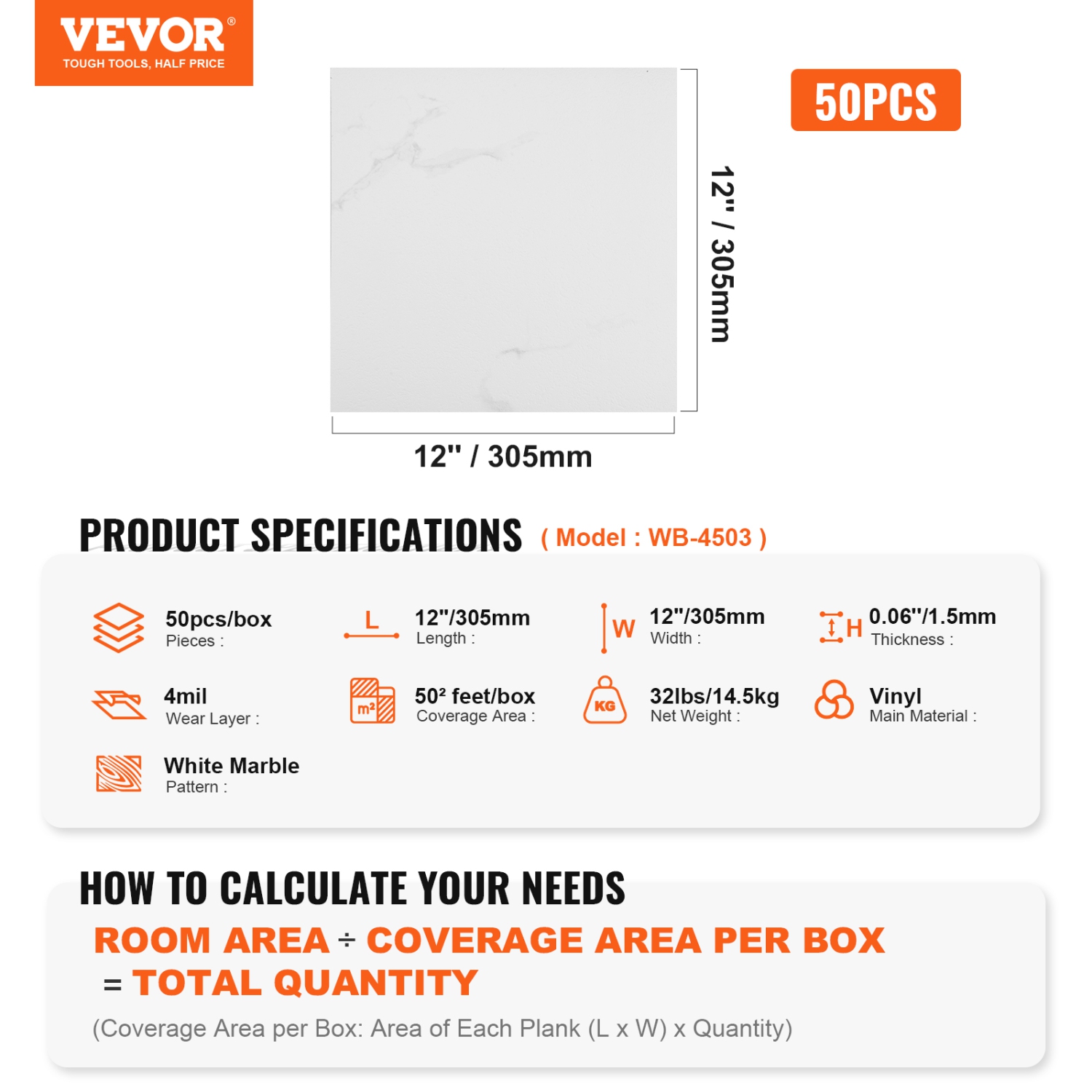 50 tuiles de plancher épaisses en vinyle auto-adhésif 1,5&nbsp;mm de VEVOR, 12 tuiles autocollantes 12&nbsp;po, plancher texturé en marbre blanc à