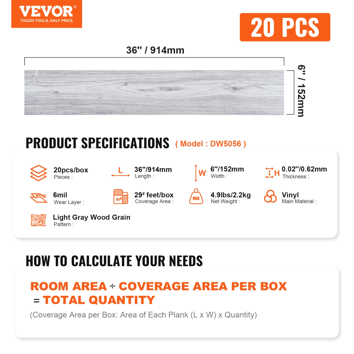 VEVOR 20 Tiles 0.62mm Self Adhesive Vinyl Floor Tiles, 36 x 6 inch Thick Peel & Stick, Light Gray Wood Grain DIY Flooring