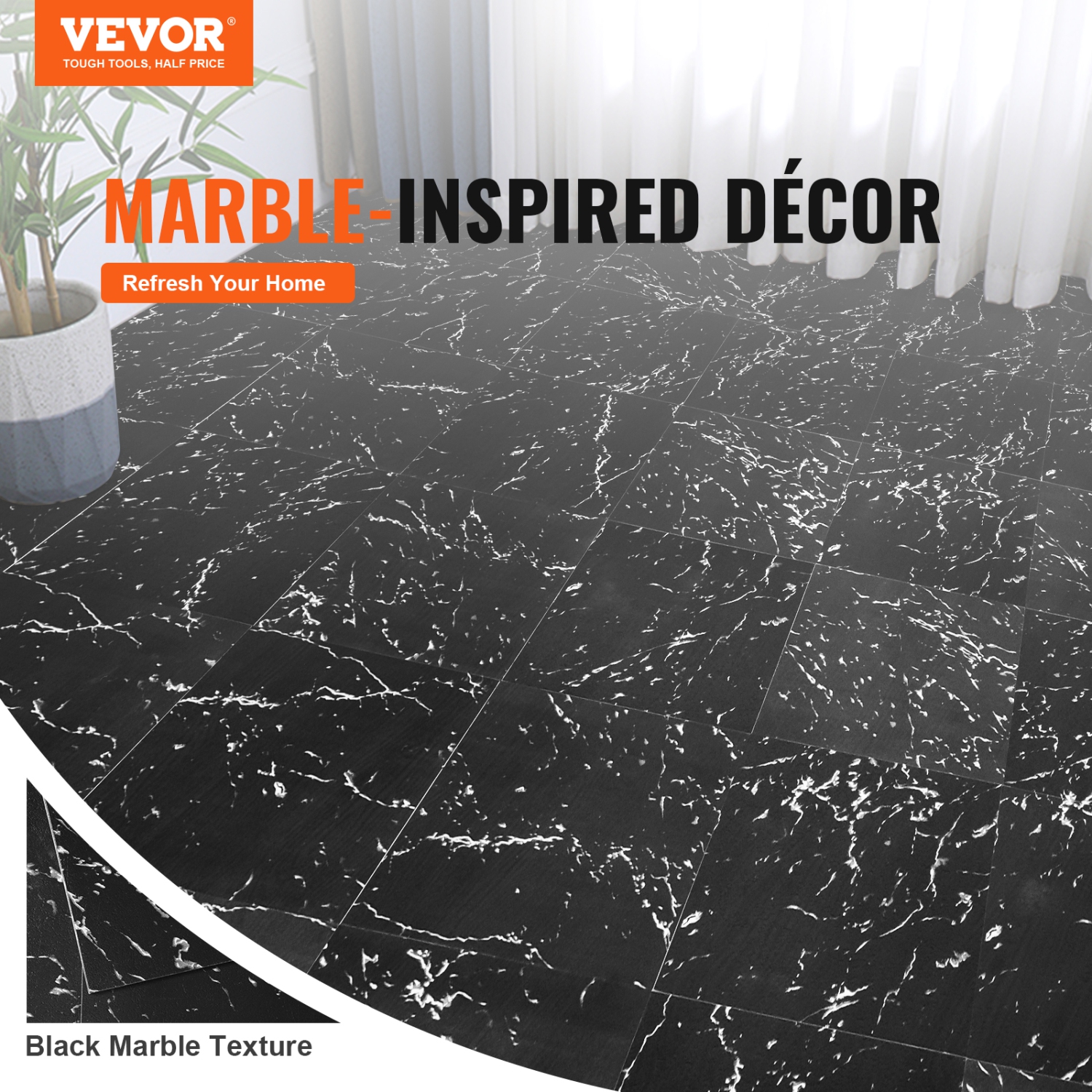 VEVOR 50 Tiles 1.5mm Thick Self Adhesive Vinyl Floor Tiles, 12 x 12 inch Peel & Stick, Black Marble Texture DIY Flooring