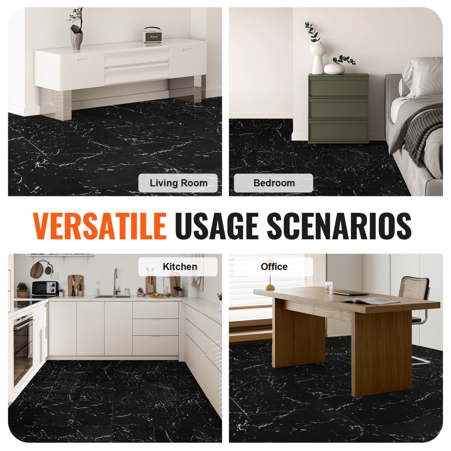 VEVOR 50 Tiles 1.5mm Thick Self Adhesive Vinyl Floor Tiles, 12 x 12 inch Peel & Stick, Black Marble Texture DIY Flooring