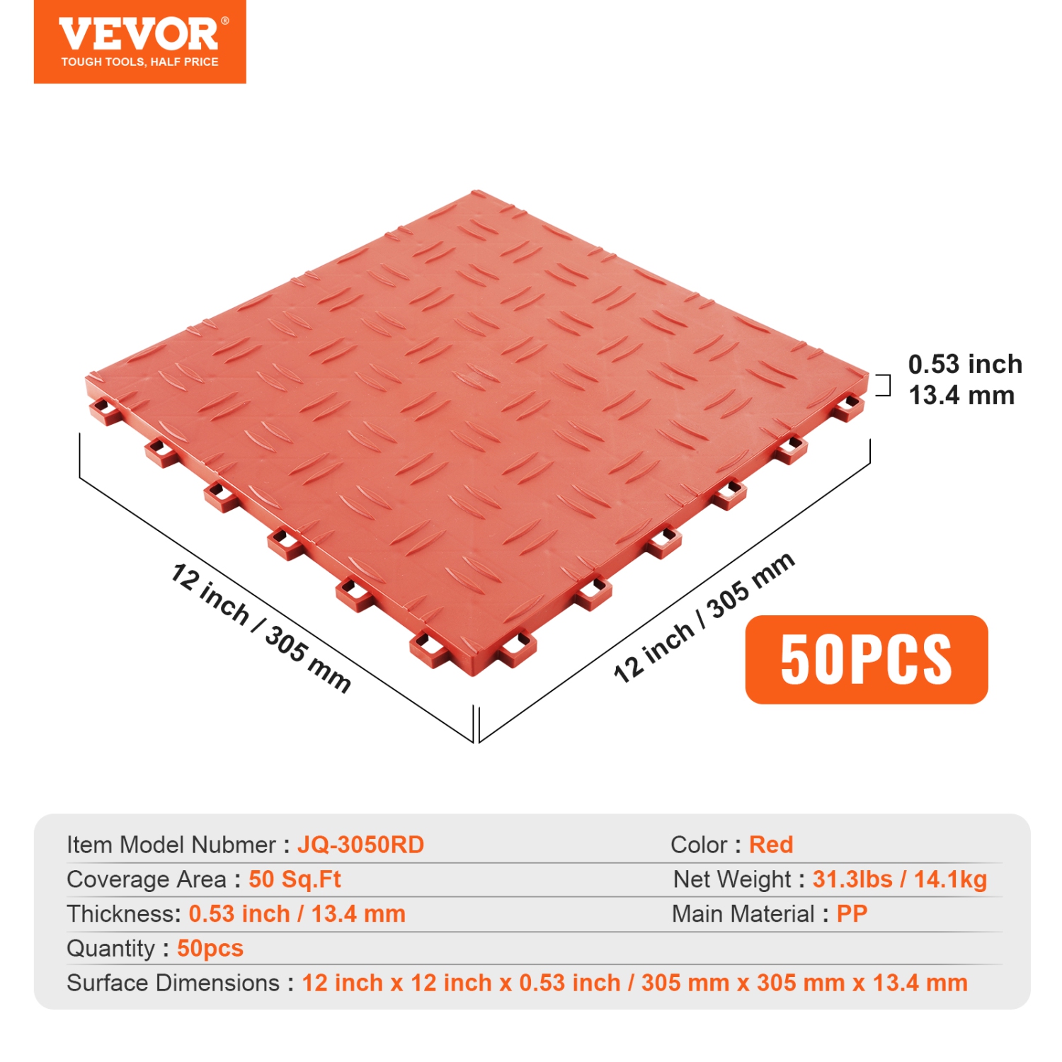 VEVOR 50 Pack Garage Tiles Interlocking, 12 x 12 x 0.53 inch Garage Floor Covering Tiles, Non-Slip Double-Sided Texture Garage Flooring Tiles, Red
