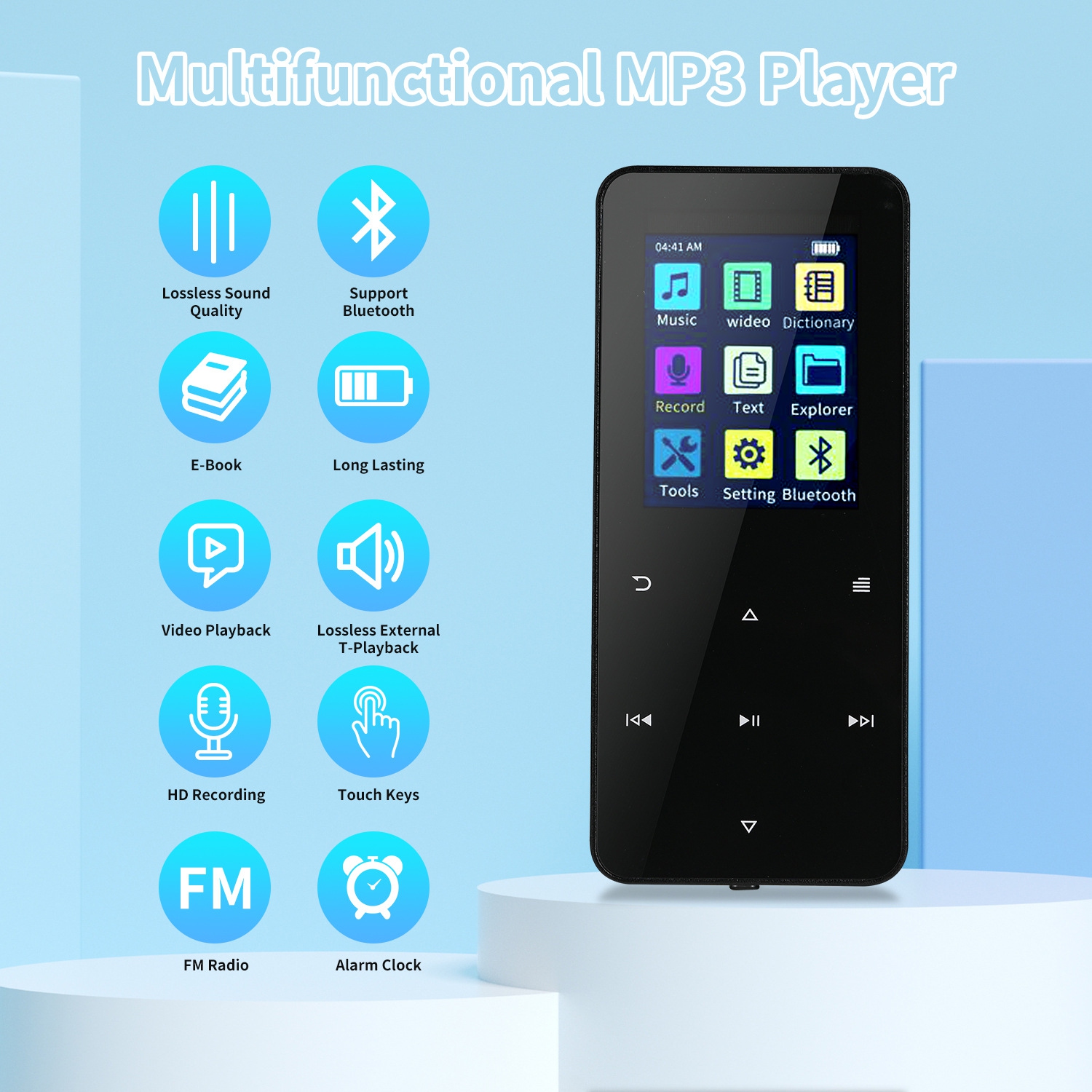 Lecteur MP3 portatif 16G+128G, lecteur de musique avec Bluetooth 5,2 Hi-Fi Radio FM intégrée Haut-parleur HD Enregistreur vocal Mini lecteur MP3 pour