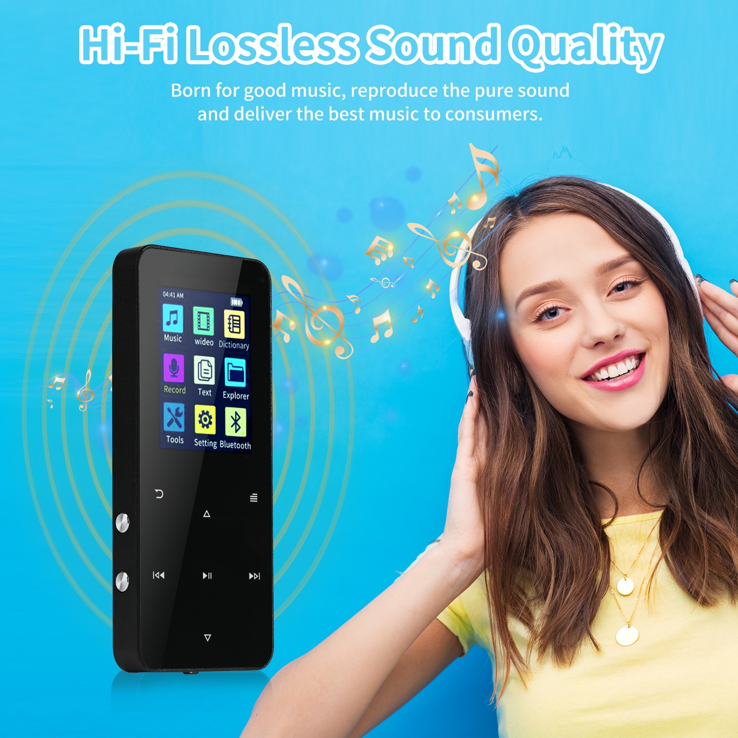 Lecteur MP3 portatif 16G+128G, lecteur de musique avec Bluetooth 5,2 Hi-Fi Radio FM intégrée Haut-parleur HD Enregistreur vocal Mini lecteur MP3 pour
