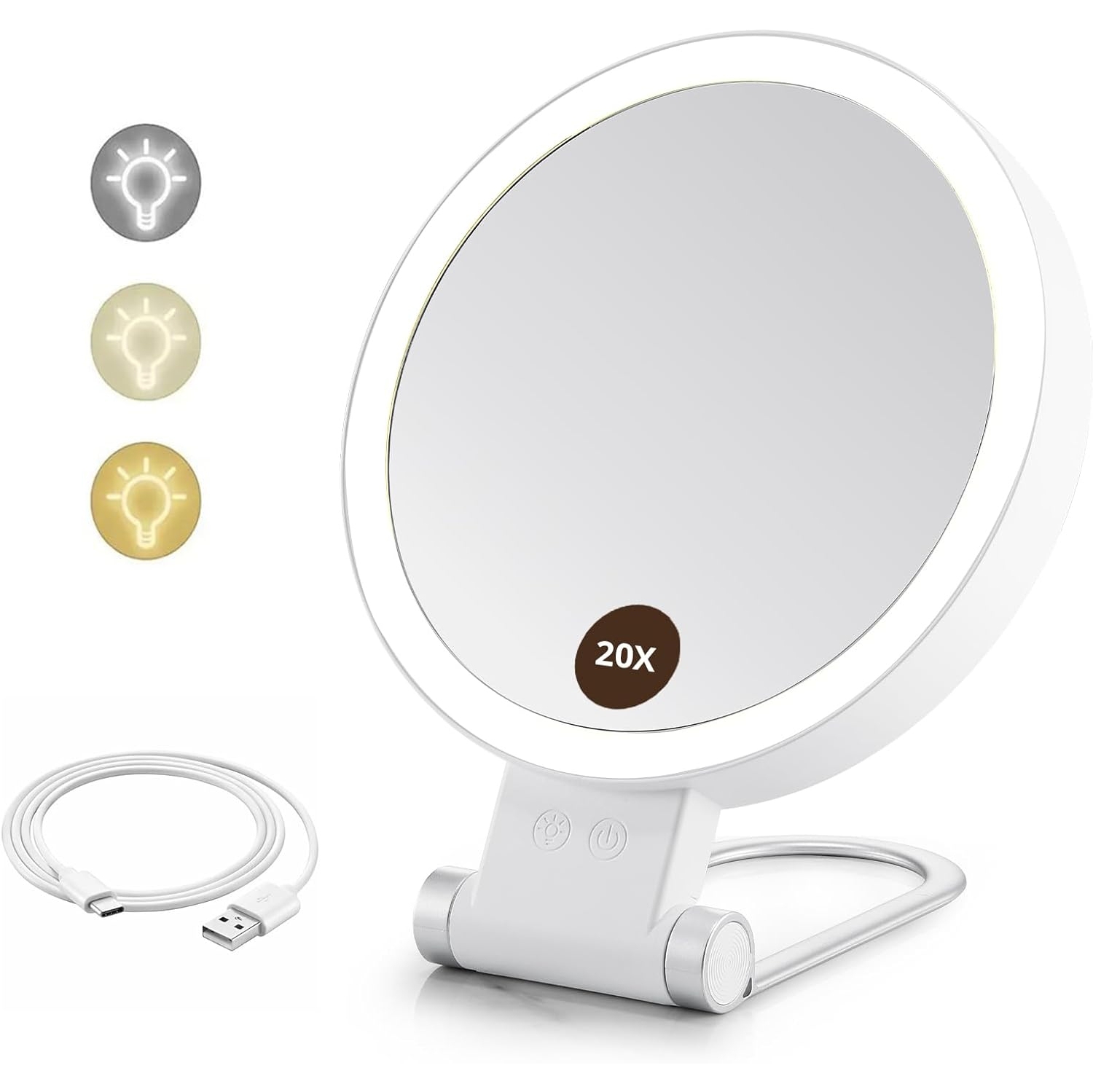 Miroir grossissant 20x avec lumière,Miroir de table double face avec poignée pliable,Miroir de maquillage de voyage,Miroir de coiffeuse,Miroir de