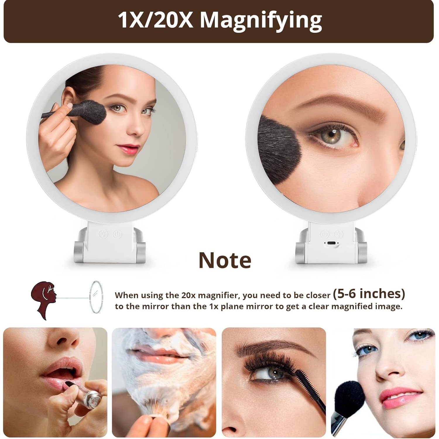 Miroir grossissant 20x avec lumière,Miroir de table double face avec poignée pliable,Miroir de maquillage de voyage,Miroir de coiffeuse,Miroir de