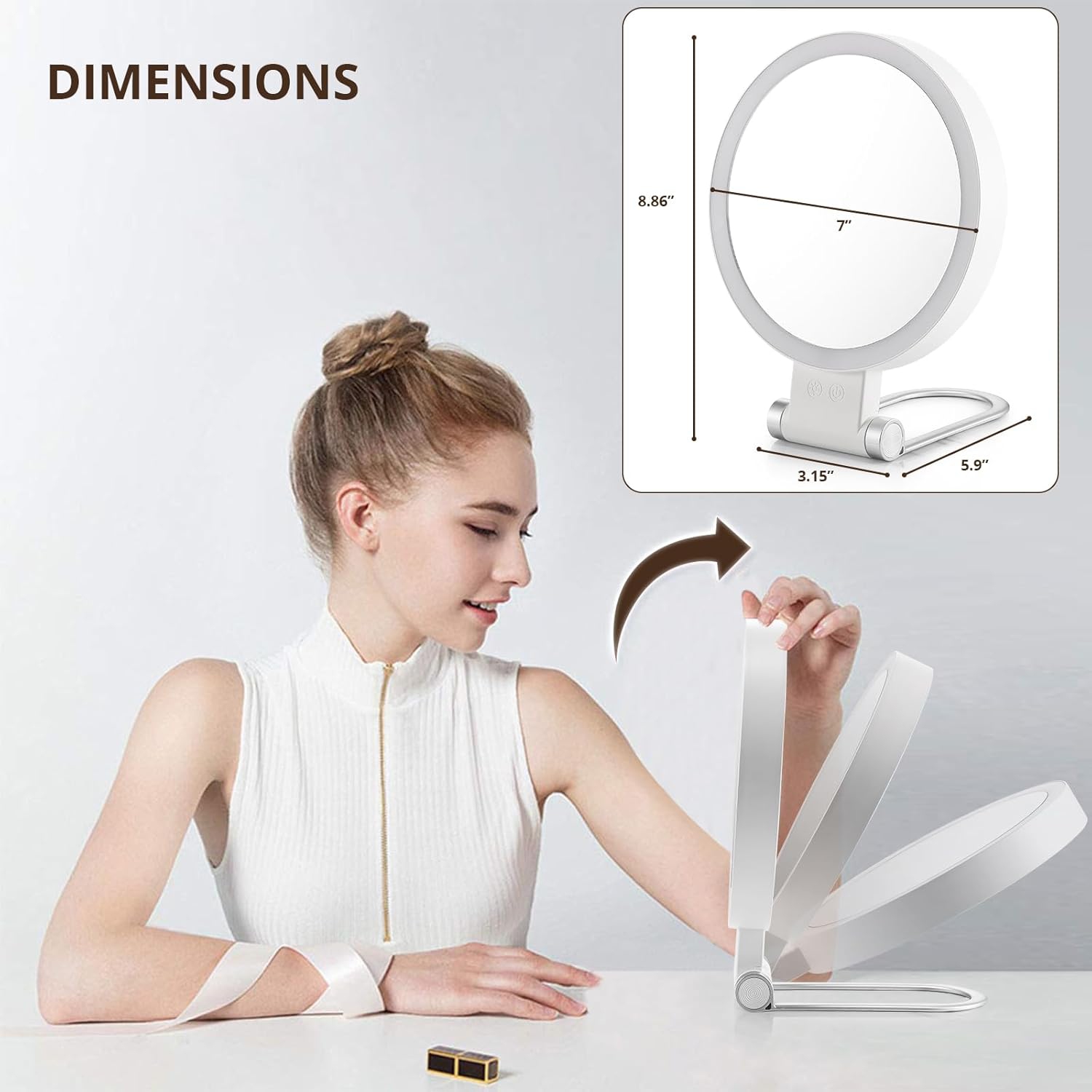 Miroir grossissant 20x avec lumière,Miroir de table double face avec poignée pliable,Miroir de maquillage de voyage,Miroir de coiffeuse,Miroir de