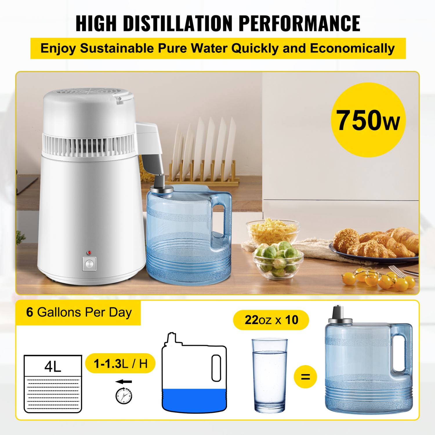 VEVOR 750W Water Distiller, Filtration System with Handle, 1.1 Gal/4L, BPA-Free Jug, Ideal for Domestic Use, White