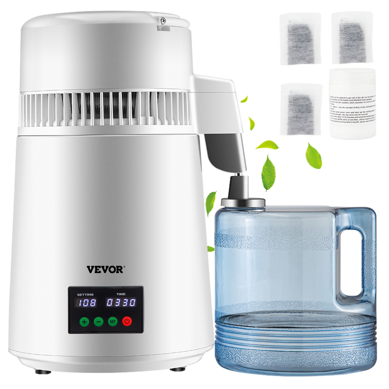 VEVOR 750W 1.1Gal 0.3Gal/H Water Distiller, 0-99H Timing Set Temp Display, 304 Stainless Steel Countertop Distiller Glass Carafe Cleaning Powder 3