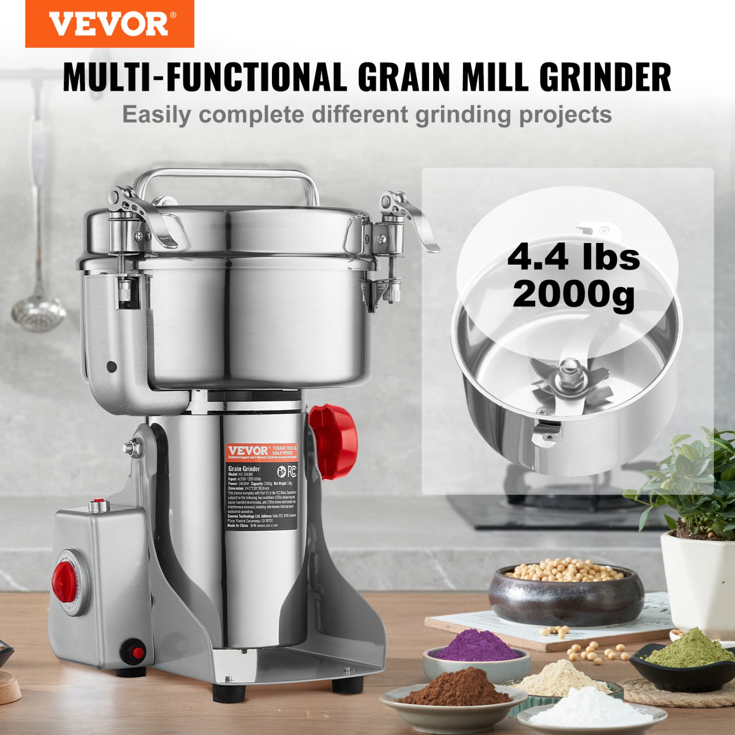 VEVOR 2000g Electric Grain Mill Grinder, High Speed 3400W Commercial Spice Grinders, Stainless Steel Pulverizer Powder Machine, for Dry Grains Spices