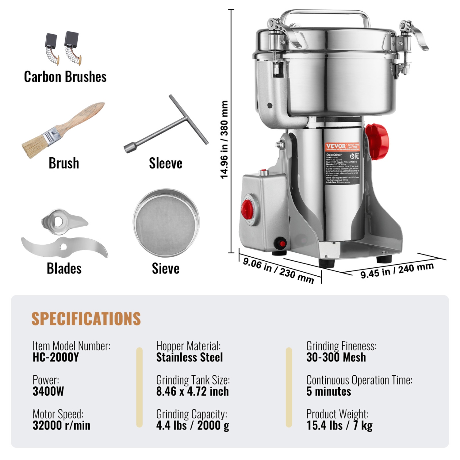 VEVOR 2000g Electric Grain Mill Grinder, High Speed 3400W Commercial Spice Grinders, Stainless Steel Pulverizer Powder Machine, for Dry Grains Spices
