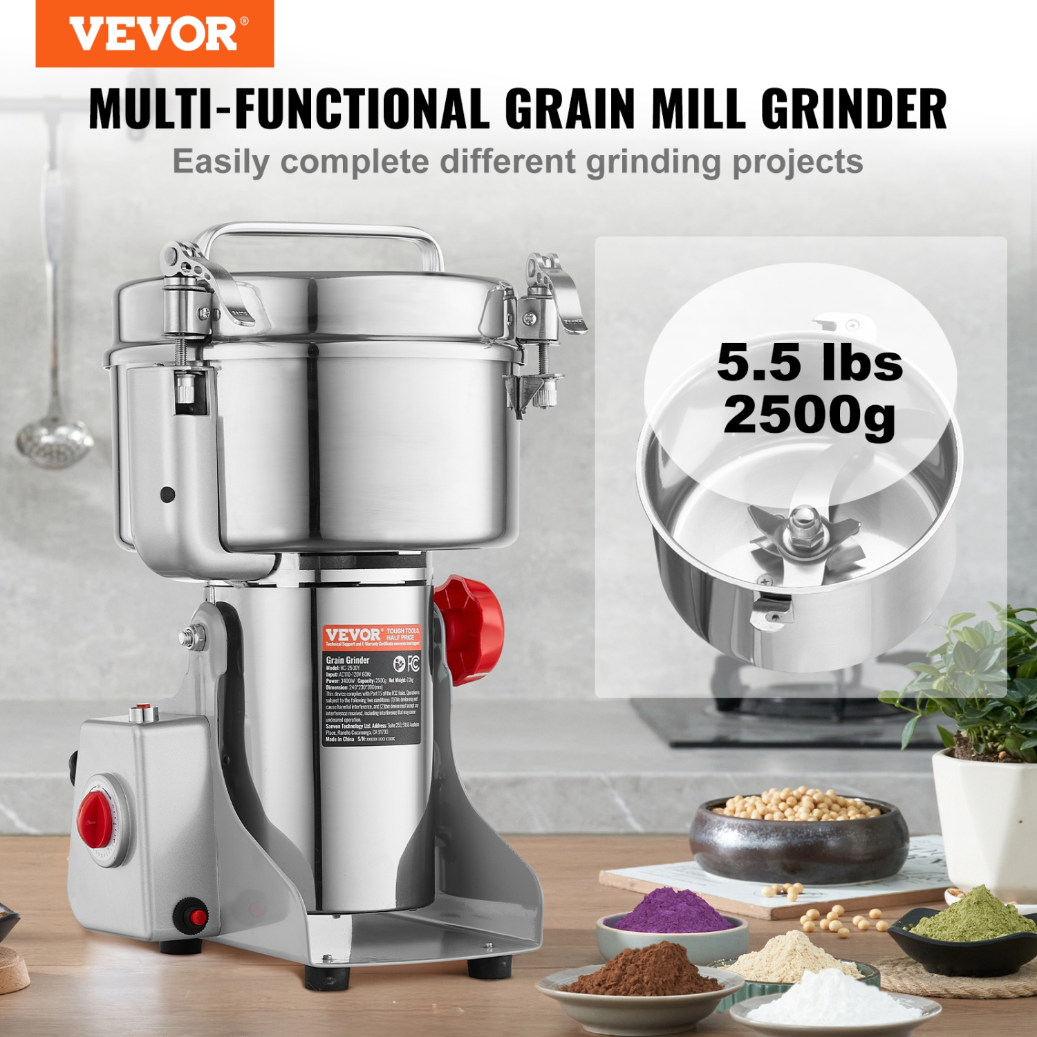 VEVOR 2500g Electric Grain Mill Grinder, High Speed 3400W Commercial Spice Grinders, Stainless Steel Pulverizer Powder Machine, for Dry Grains Spices