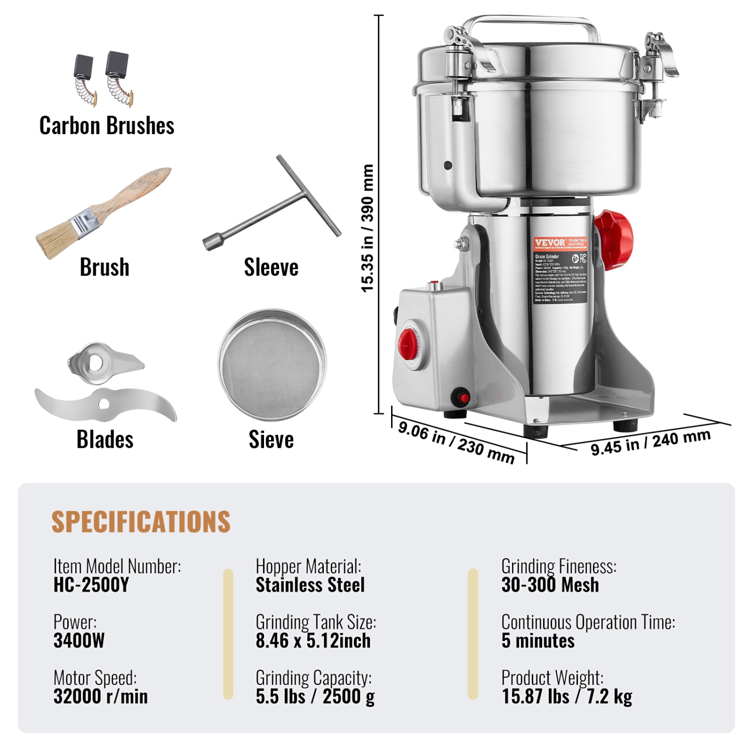 VEVOR 2500g Electric Grain Mill Grinder, High Speed 3400W Commercial Spice Grinders, Stainless Steel Pulverizer Powder Machine, for Dry Grains Spices