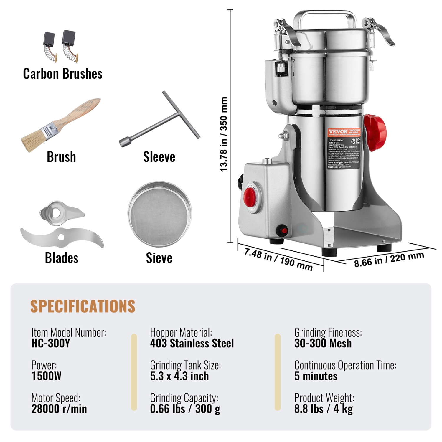 VEVOR 300g Electric Grain Mill Grinder, High Speed 1500W Commercial Spice Grinders, Stainless Steel Pulverizer Powder Machine, for Dry Grains Spices