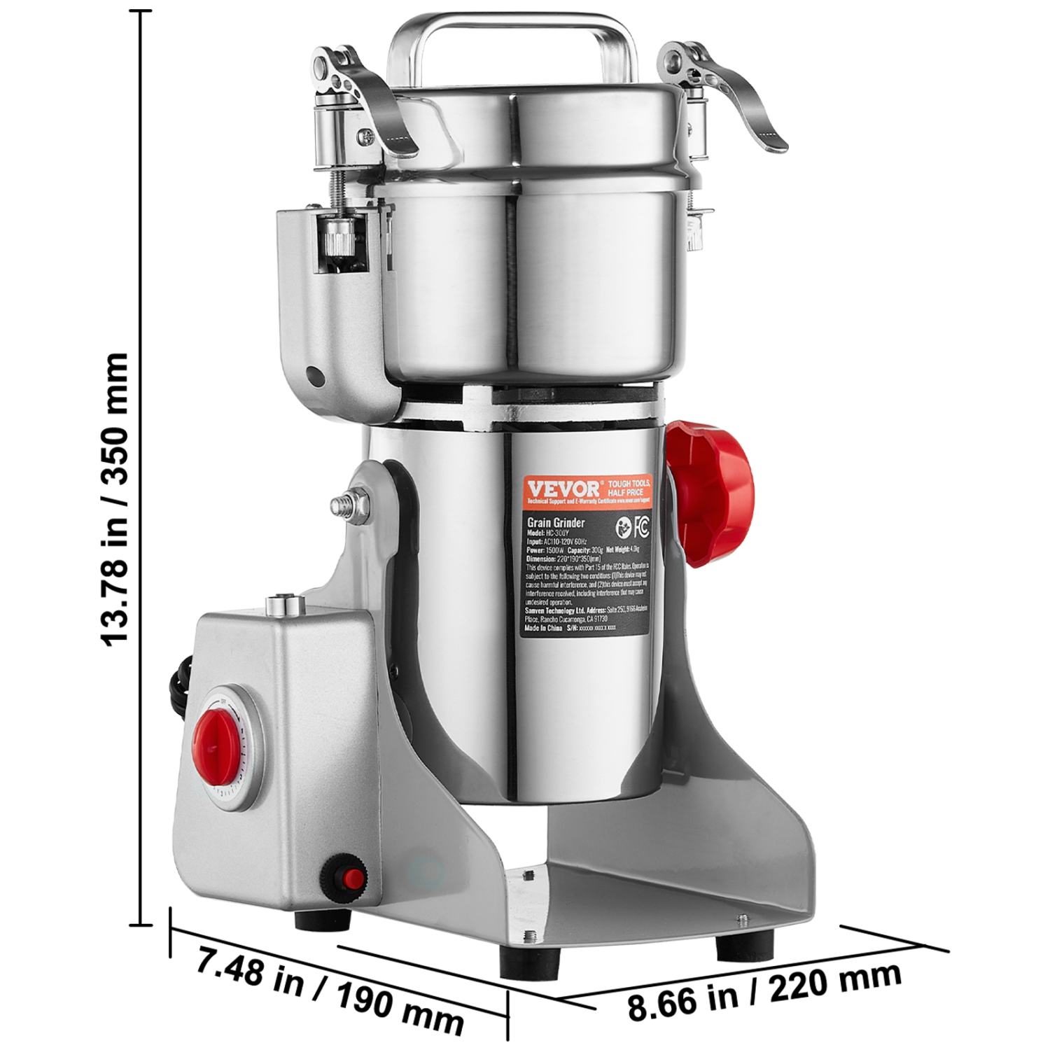 VEVOR 300g Electric Grain Mill Grinder, High Speed 1500W Commercial Spice Grinders, Stainless Steel Pulverizer Powder Machine, for Dry Grains Spices