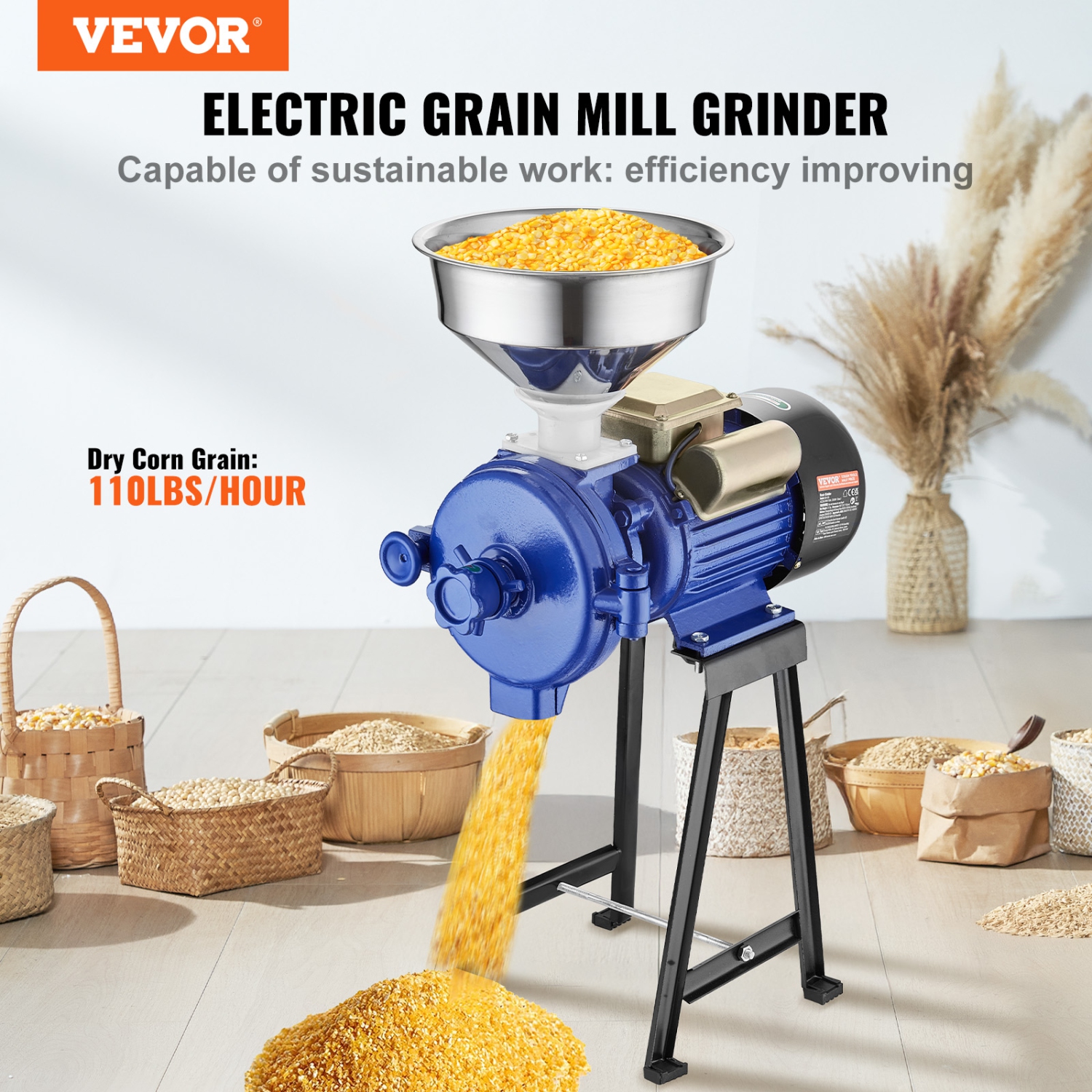 VEVOR Electric Grain Mill Grinder, 3000W Spice Grinders, Commercial Corn Mill with Funnel, Thickness Adjustable Powder Machine, Heavy Duty Feed Flour