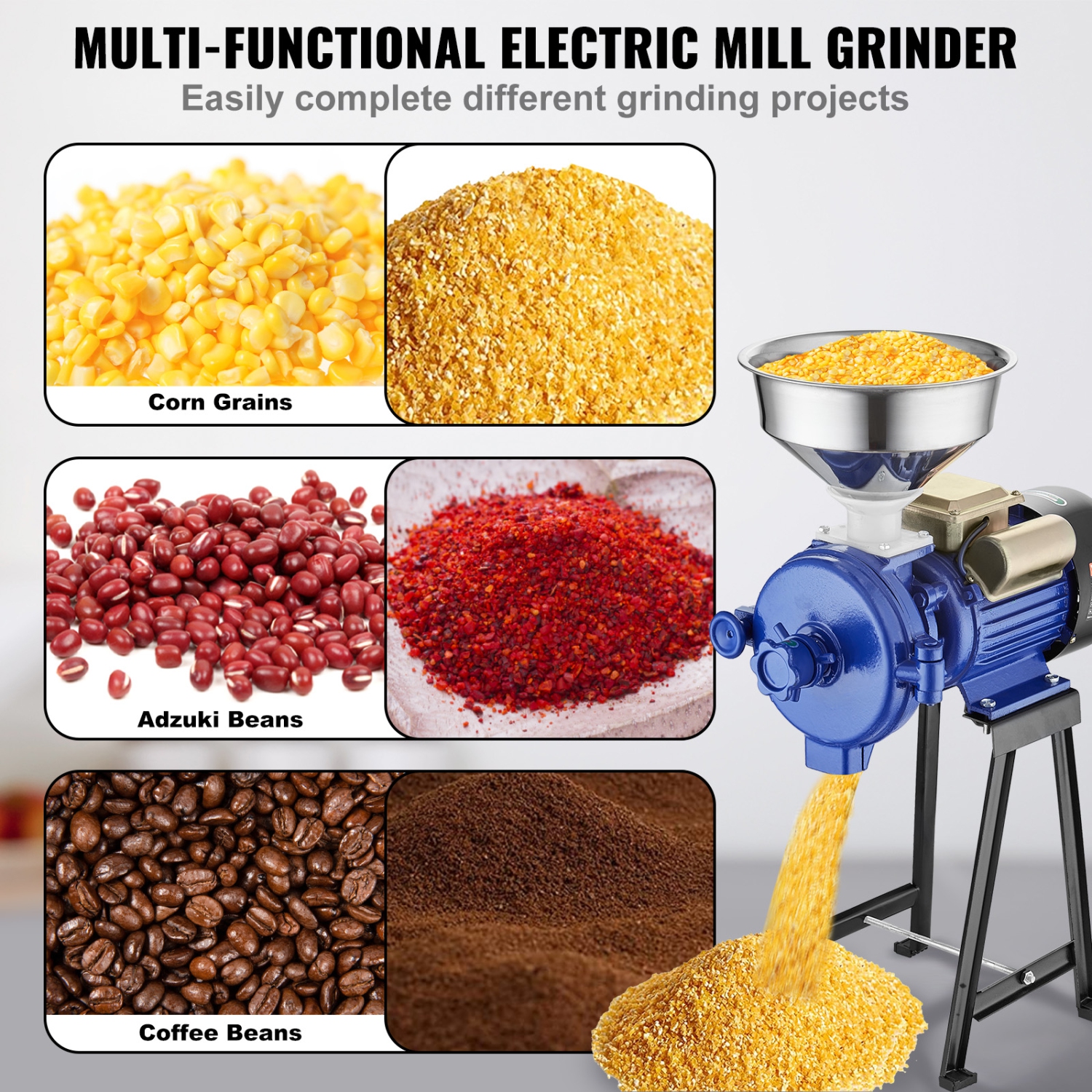 VEVOR Electric Grain Mill Grinder, 3000W Spice Grinders, Commercial Corn Mill with Funnel, Thickness Adjustable Powder Machine, Heavy Duty Feed Flour