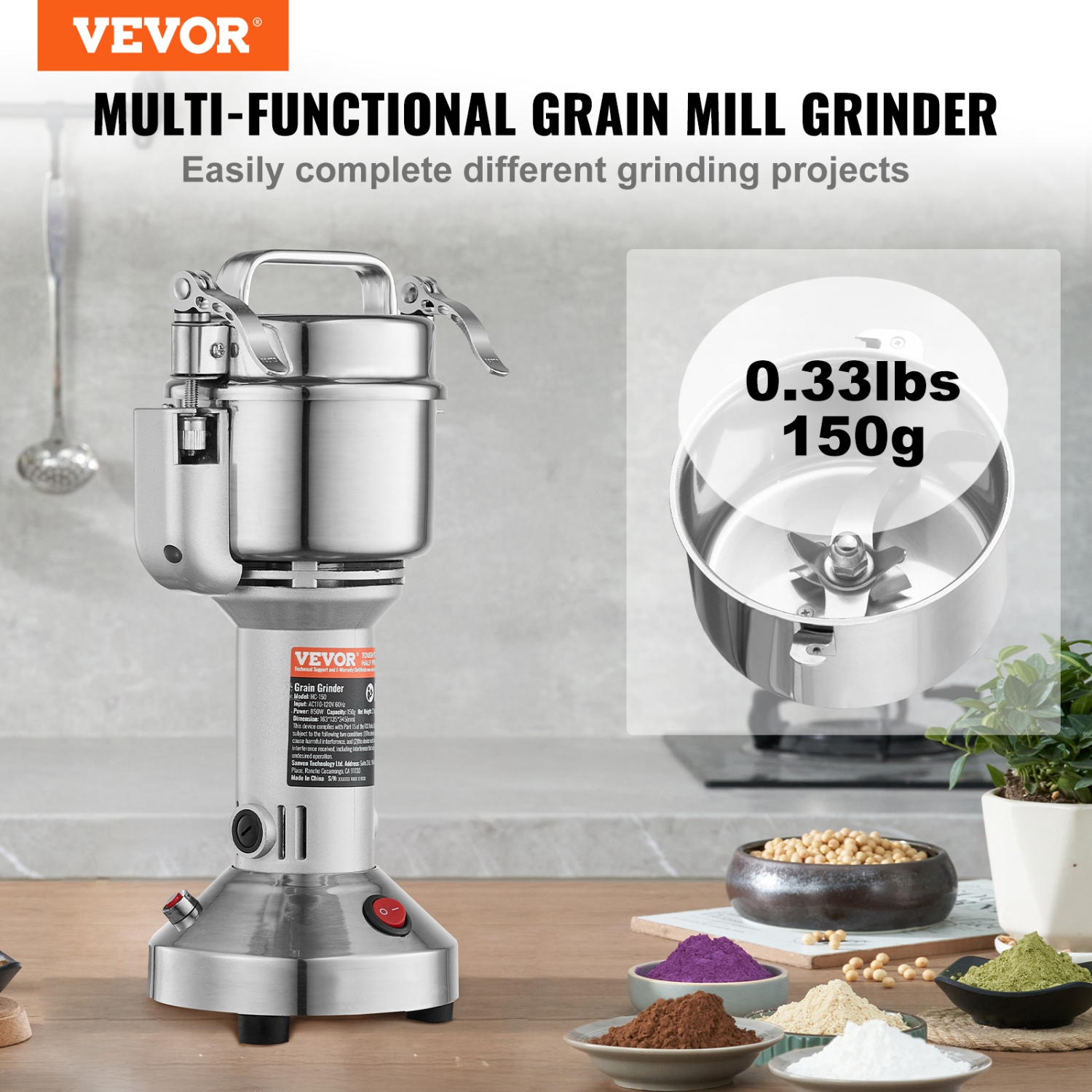 VEVOR 150g Electric Grain Mill Grinder, High Speed 850W Commercial Spice Grinders, Stainless Steel Pulverizer Powder Machine, for Dry Grains Spices