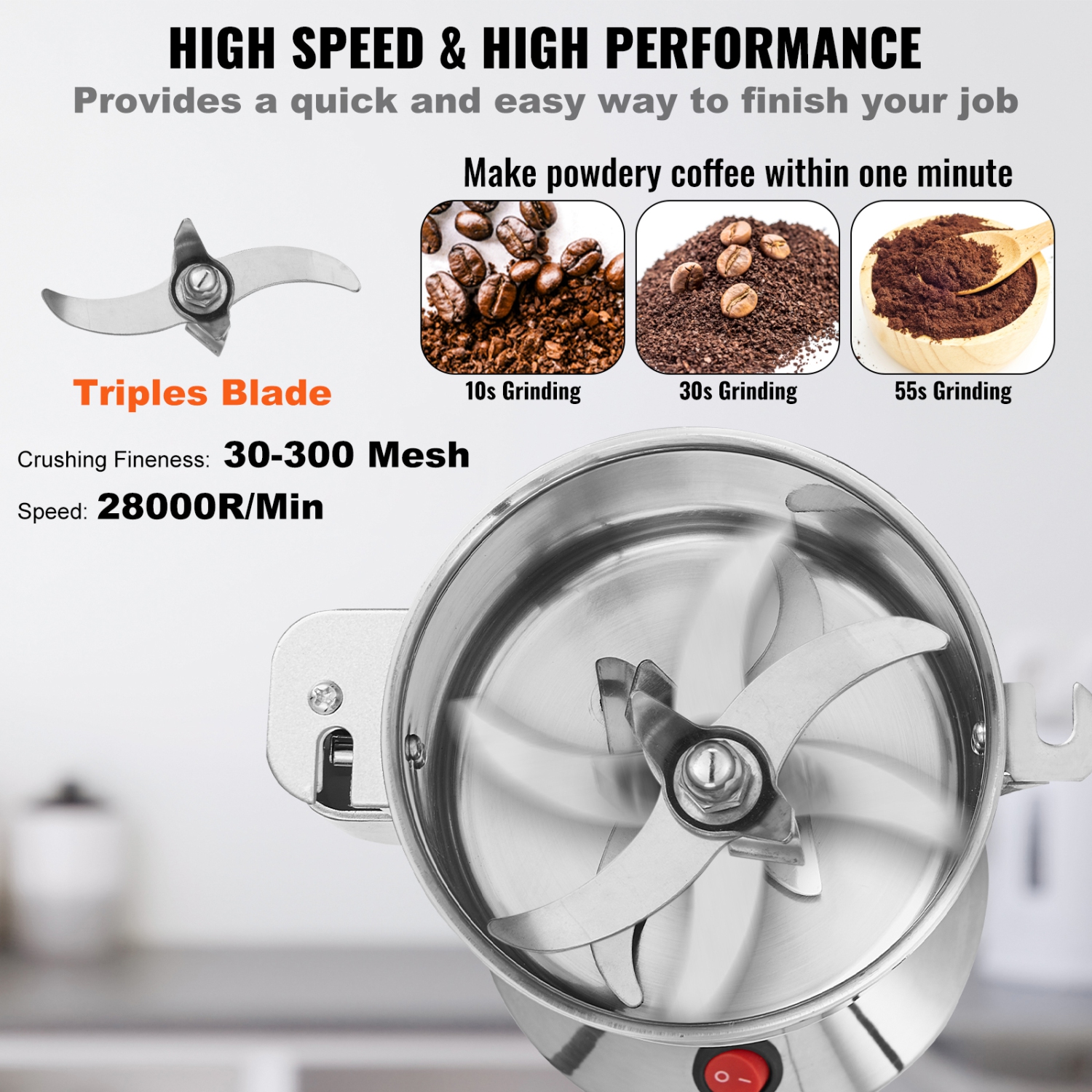 VEVOR 150g Electric Grain Mill Grinder, High Speed 850W Commercial Spice Grinders, Stainless Steel Pulverizer Powder Machine, for Dry Grains Spices