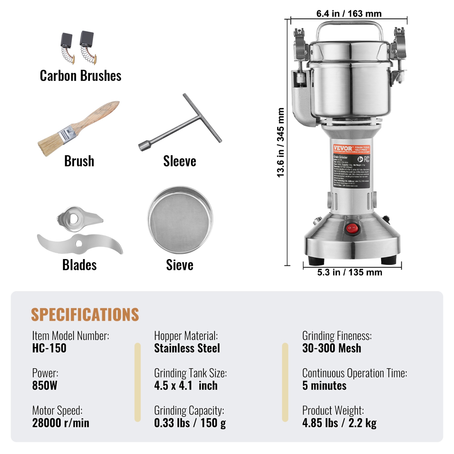 VEVOR 150g Electric Grain Mill Grinder, High Speed 850W Commercial Spice Grinders, Stainless Steel Pulverizer Powder Machine, for Dry Grains Spices