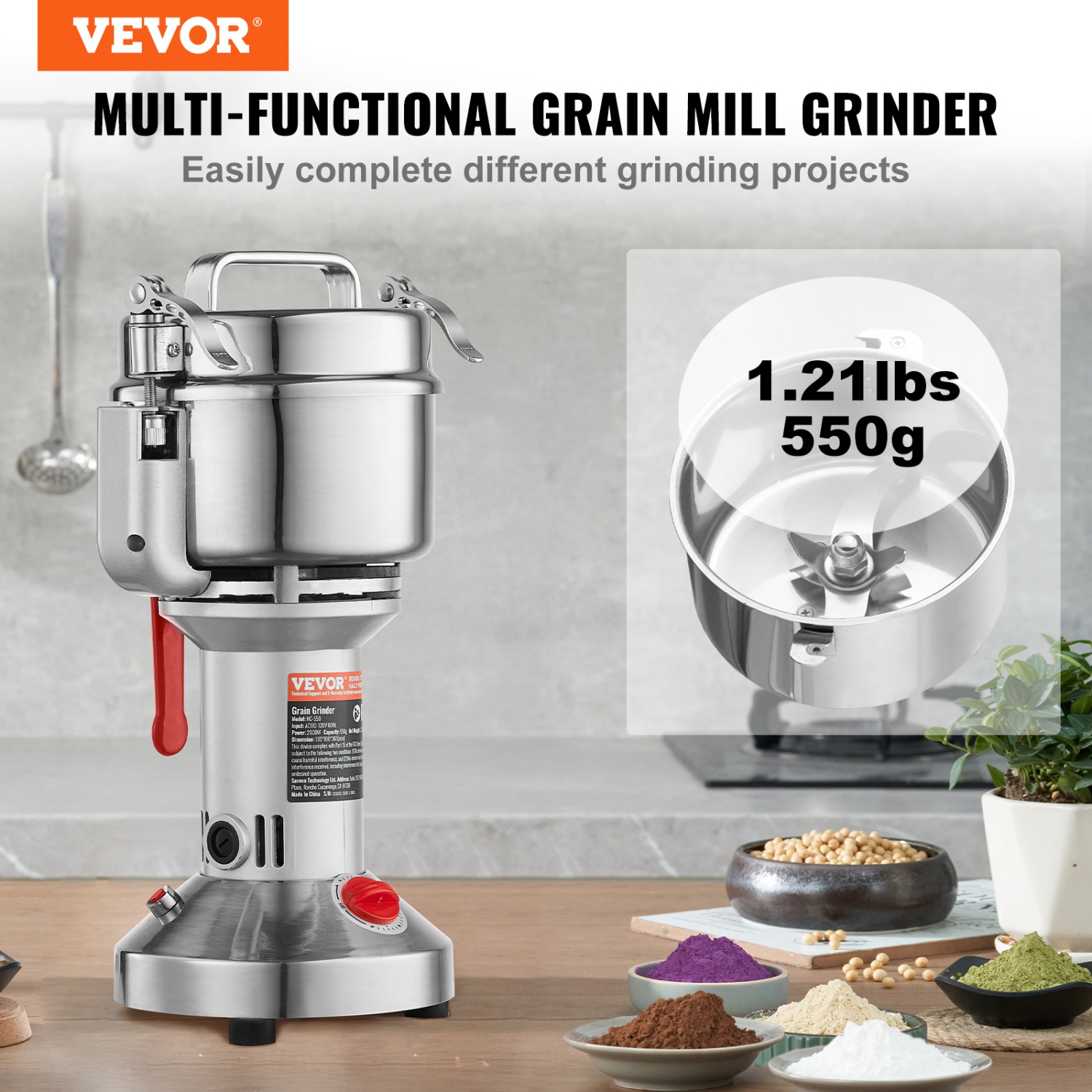VEVOR 550g Electric Grain Mill Grinder, High Speed 2000W Commercial Spice Grinders, Stainless Steel Pulverizer Powder Machine, for Dry Grains Spices