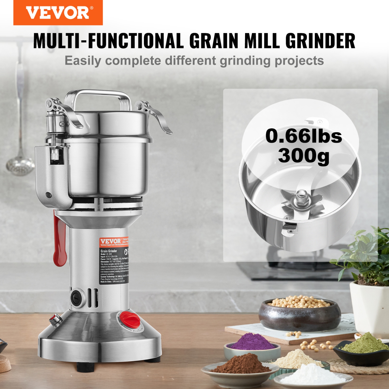 VEVOR 300g Electric Grain Mill Grinder, High Speed 1500W Commercial Spice Grinders, Stainless Steel Pulverizer Powder Machine, for Dry Grains Spices