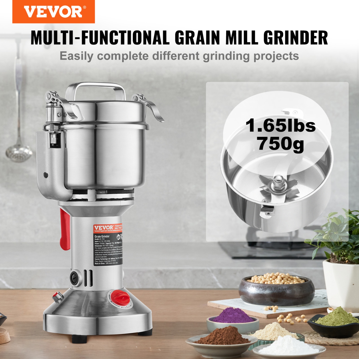 VEVOR 750g Electric Grain Mill Grinder, High Speed 2000W Commercial Spice Grinders, Stainless Steel Pulverizer Powder Machine, for Dry Grains Spices
