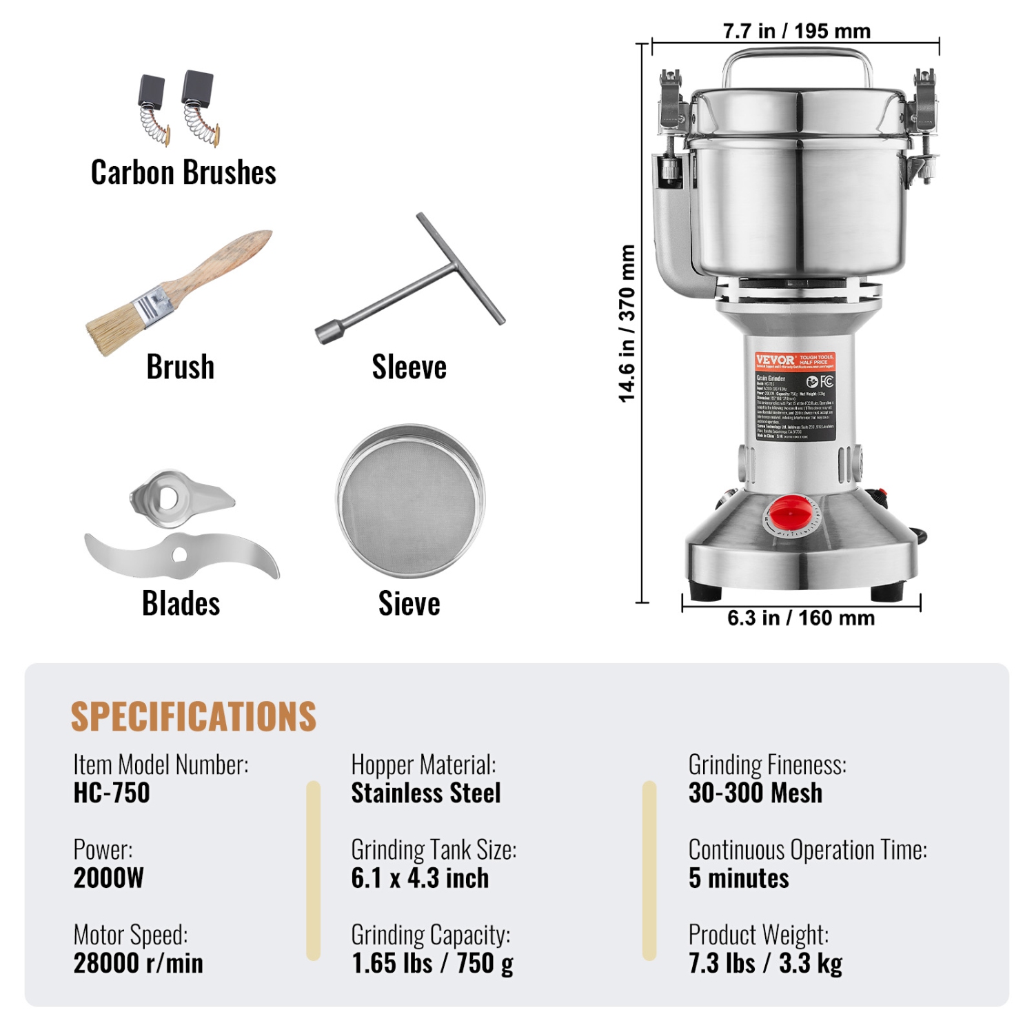 VEVOR 750g Electric Grain Mill Grinder, High Speed 2000W Commercial Spice Grinders, Stainless Steel Pulverizer Powder Machine, for Dry Grains Spices