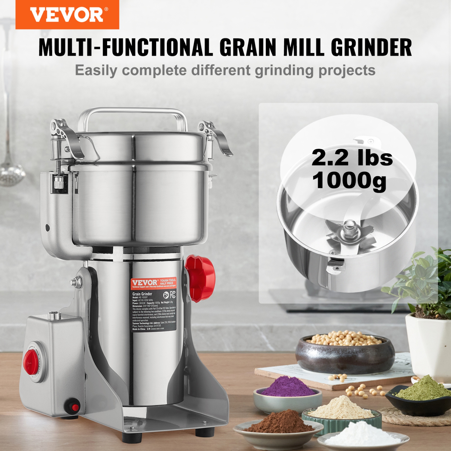 VEVOR 1000g Electric Grain Mill Grinder, High Speed 3000W Commercial Spice Grinders, Stainless Steel Pulverizer Powder Machine, for Dry Grains Spices