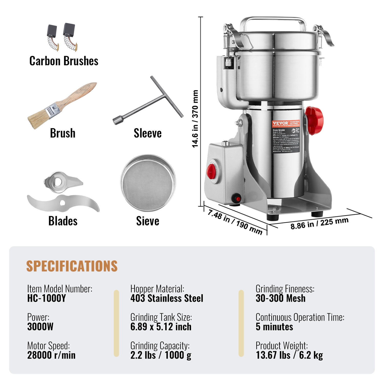 VEVOR 1000g Electric Grain Mill Grinder, High Speed 3000W Commercial Spice Grinders, Stainless Steel Pulverizer Powder Machine, for Dry Grains Spices