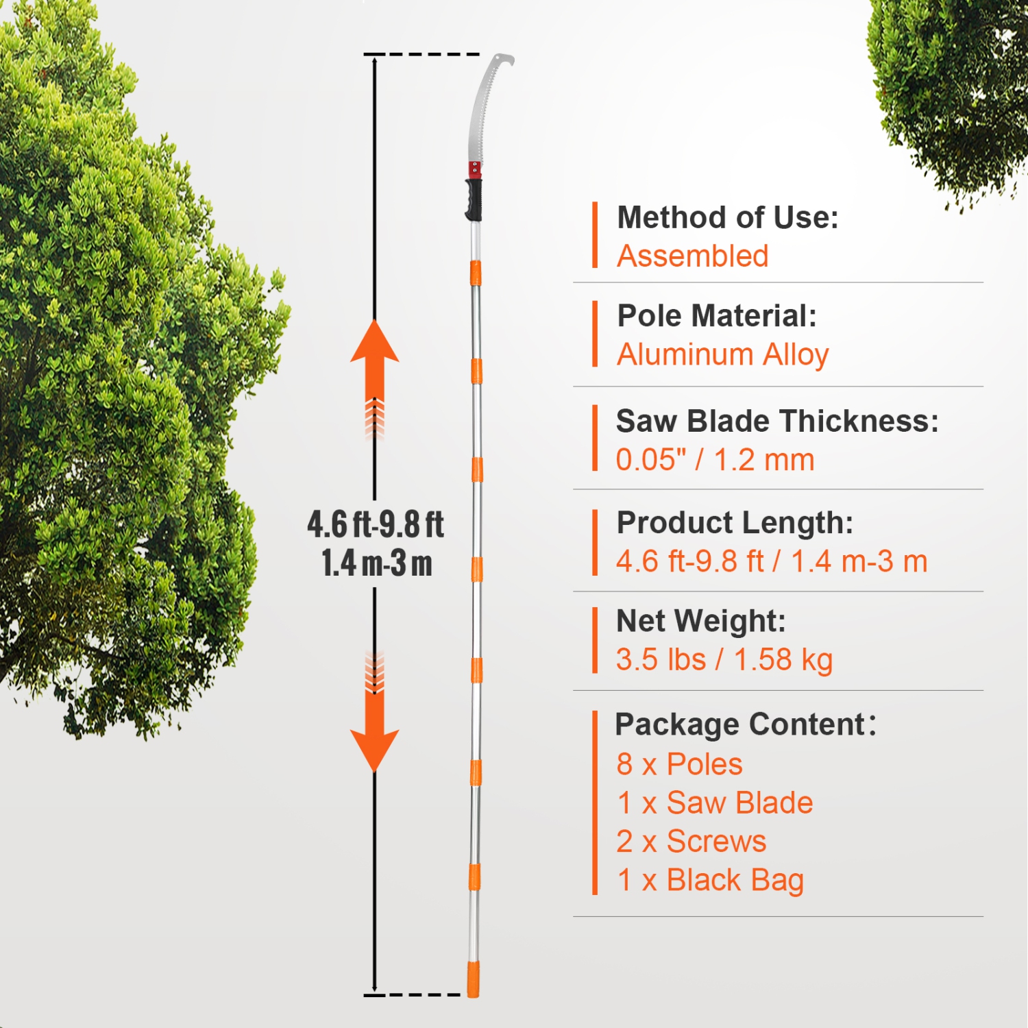 VEVOR Manual Pole Saw,4.6-9.8 ft Extendable Tree Pruner, Sharp Steel Blade for High Branches Trimming, Manual Branch Trimmer withAluminum Alloy Handle