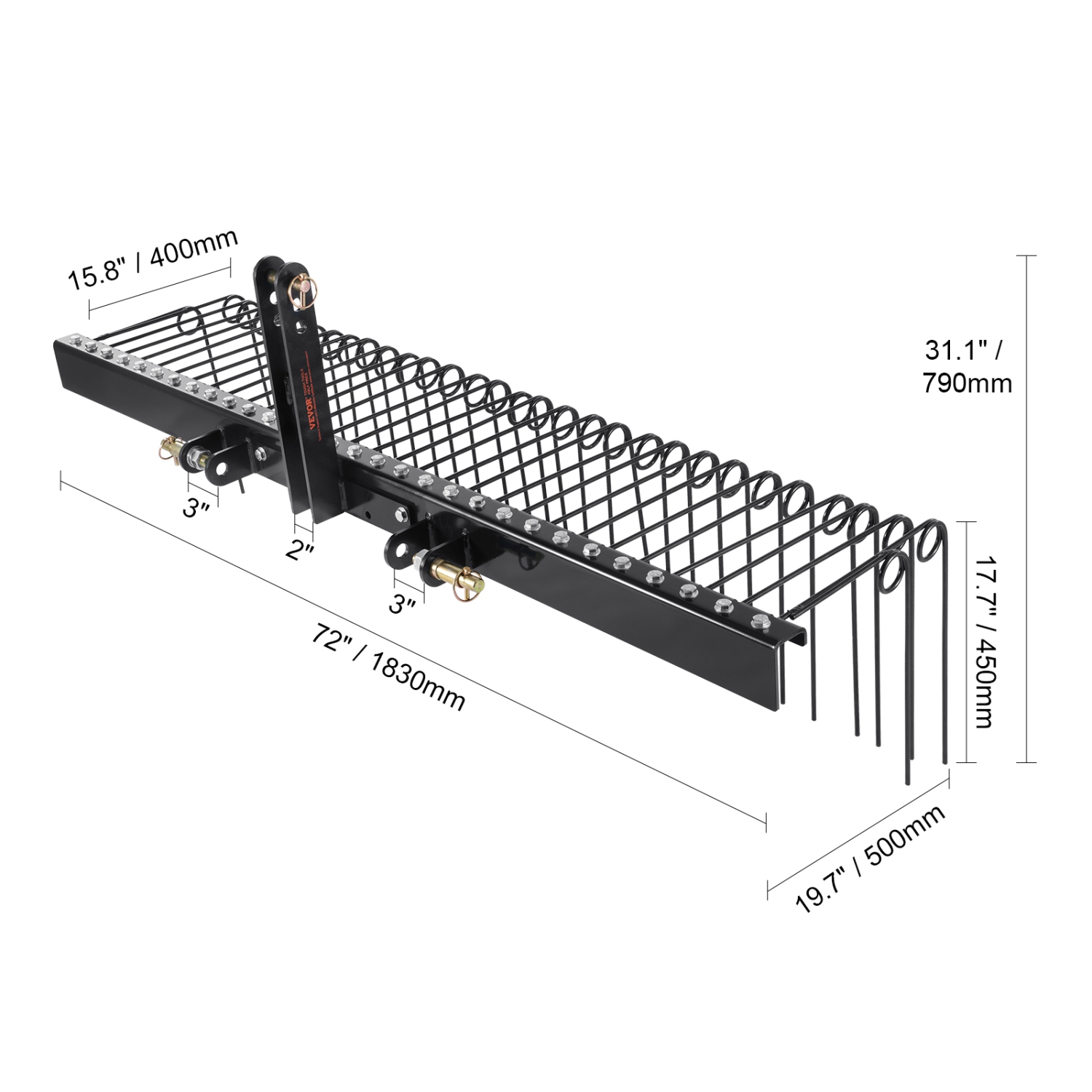 Râteau de remorquage VEVOR, déchaumeuse de remorquage de 72 po avec 32 tiges en acier, râteau de déchaumeuse de pelouse se fixe à l'attelage à 3