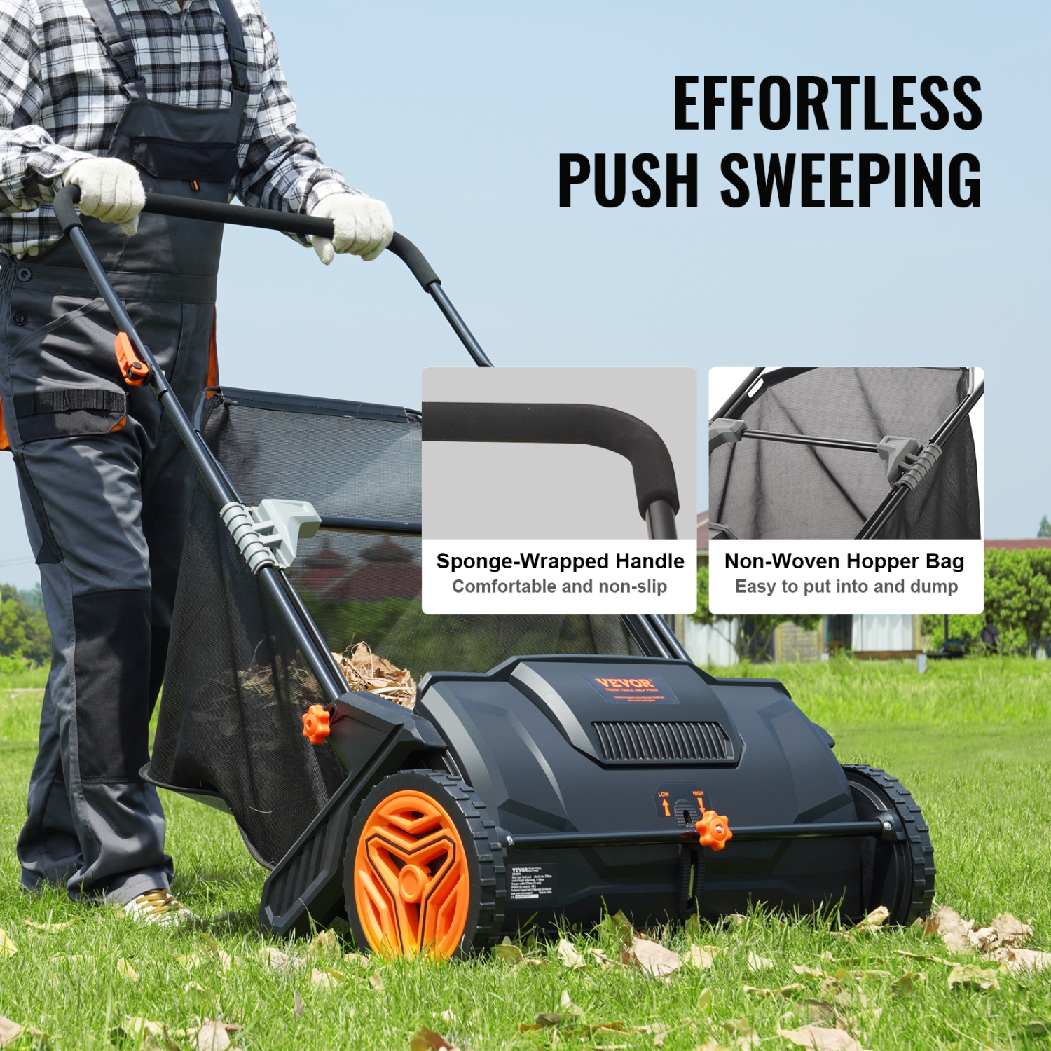 VEVOR Push Lawn Sweeper, 21inch Leaf & Grass Collector, Strong Plastic Wheels & Heavy Duty Thickened Steel Durable to Use with Large Capacity 3.5 cu.