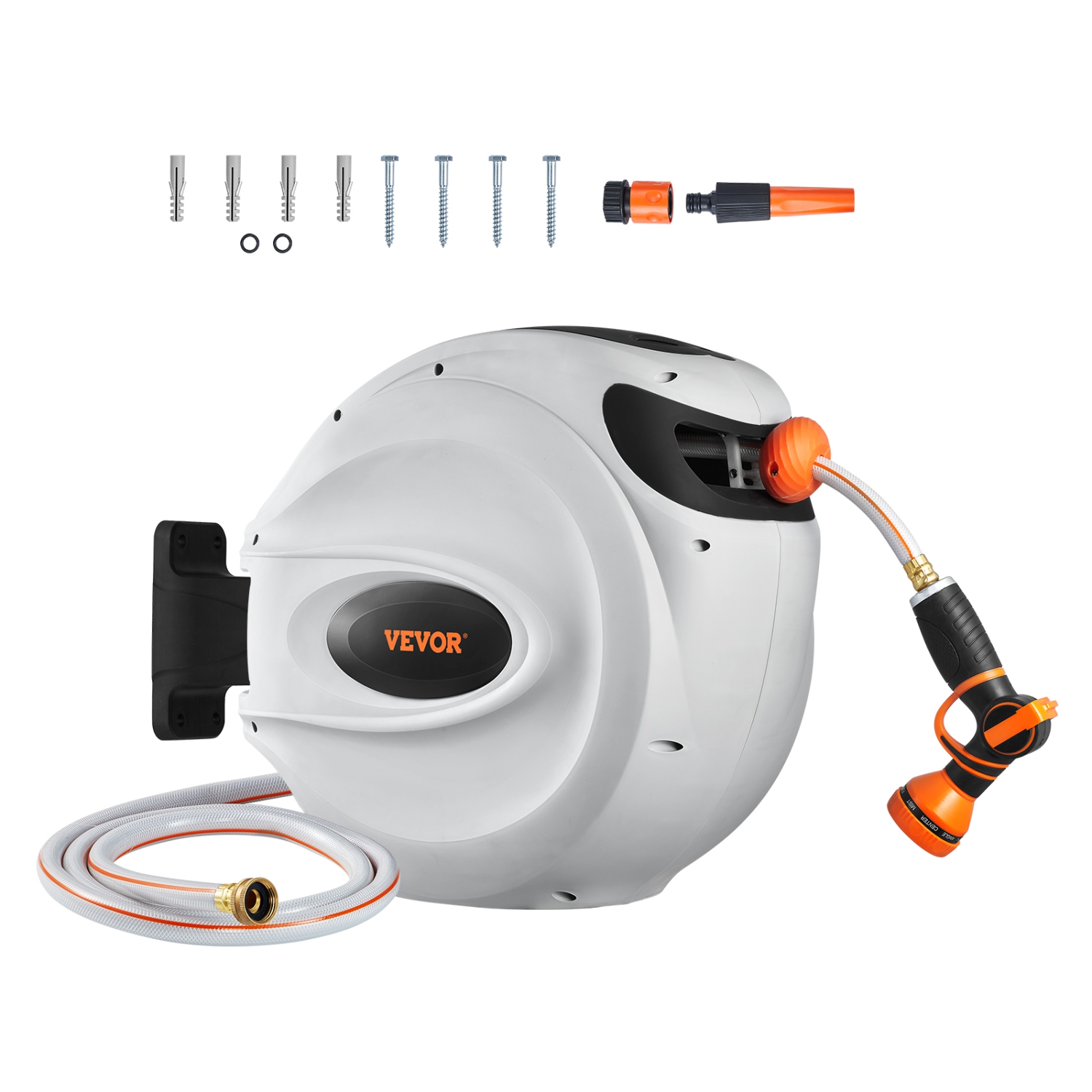 VEVOR Retractable Hose Reel, 65 ft x 5/8 inch, 180° Swivel Bracket Wall-Mounted, Garden Water Hose Reel with 9-Pattern Nozzle