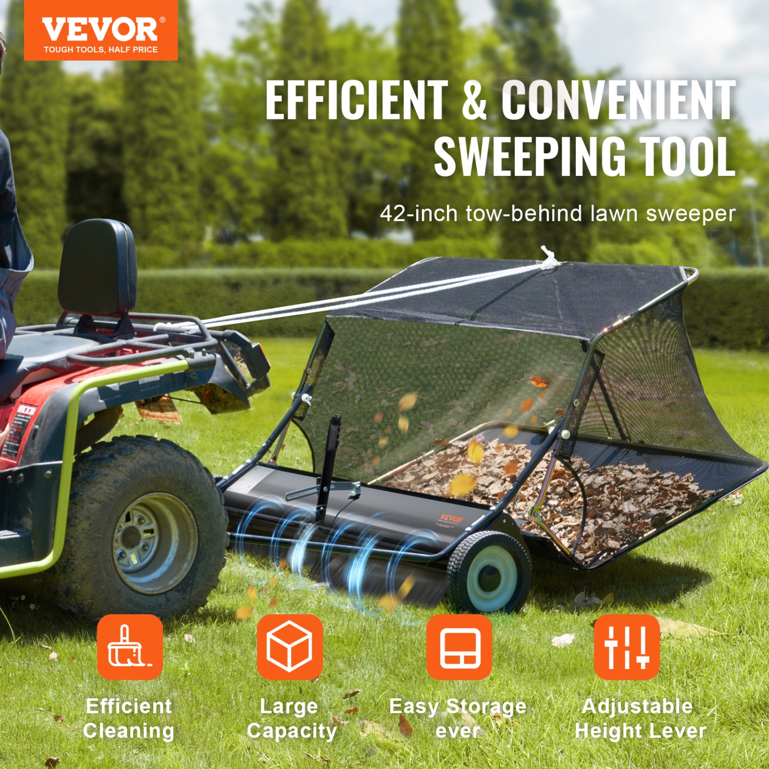 VEVOR 42-inch Lawn Sweeper Tow Behind, 12 cu.ft. Large Pull Behind Grass Sweeper, Heavy Duty Leaf & Grass Collector with Dumping Rope Design