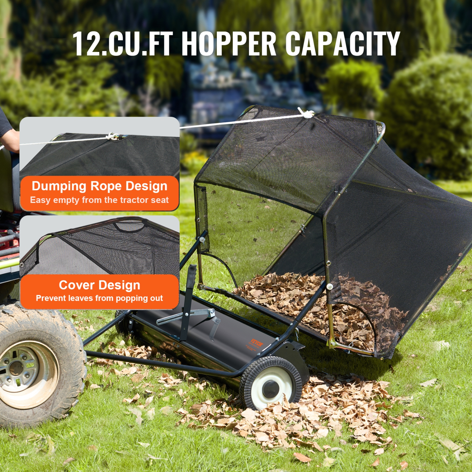 VEVOR 42-inch Lawn Sweeper Tow Behind, 12 cu.ft. Large Pull Behind Grass Sweeper, Heavy Duty Leaf & Grass Collector with Dumping Rope Design